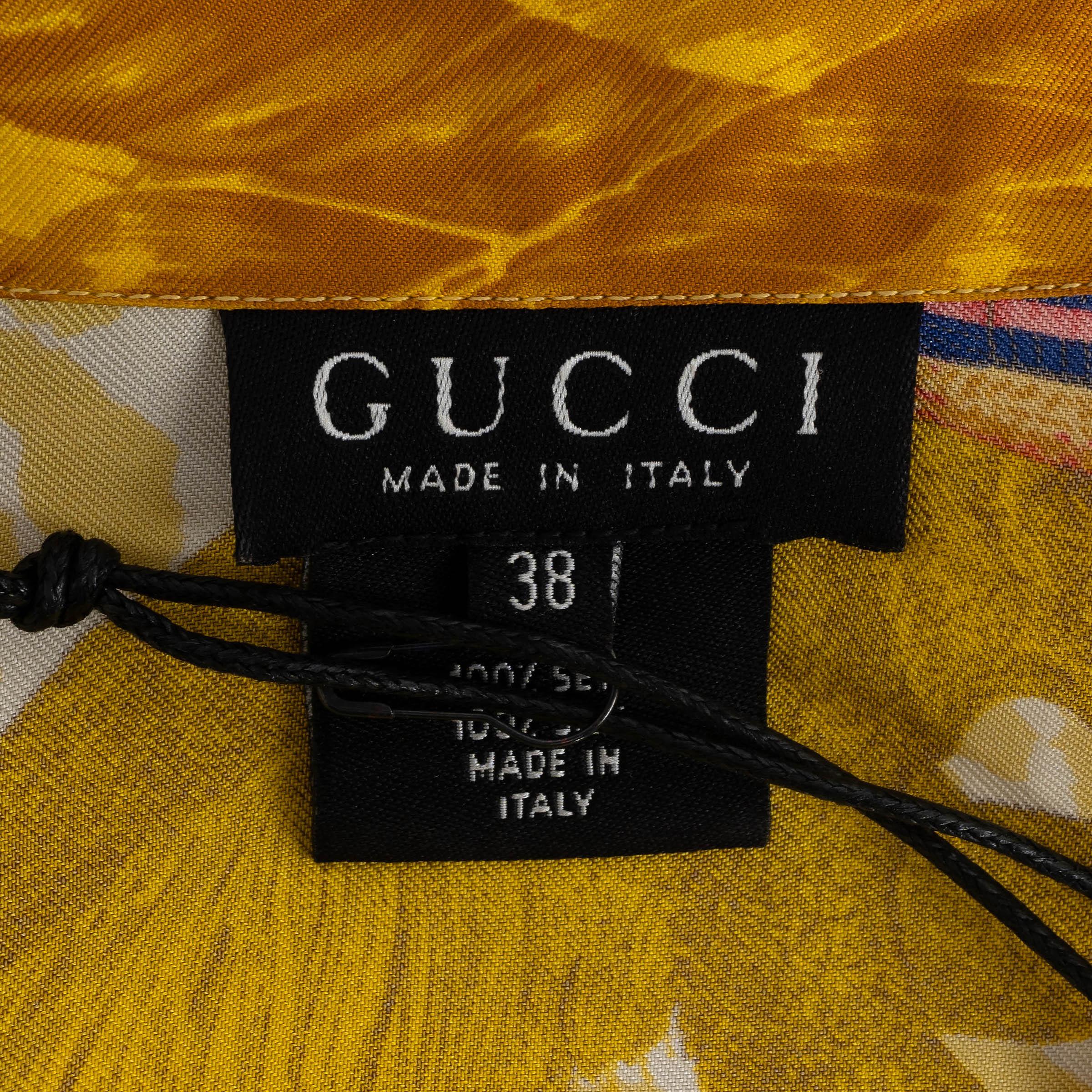 GUCCI seda oro antiguo CAMISA IMPRESIÓN MONO VINTAGE 38 XS en venta 3