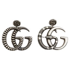 Used Gucci Antiqued Sliver Tone Snake Mismatch Clip on Earrings