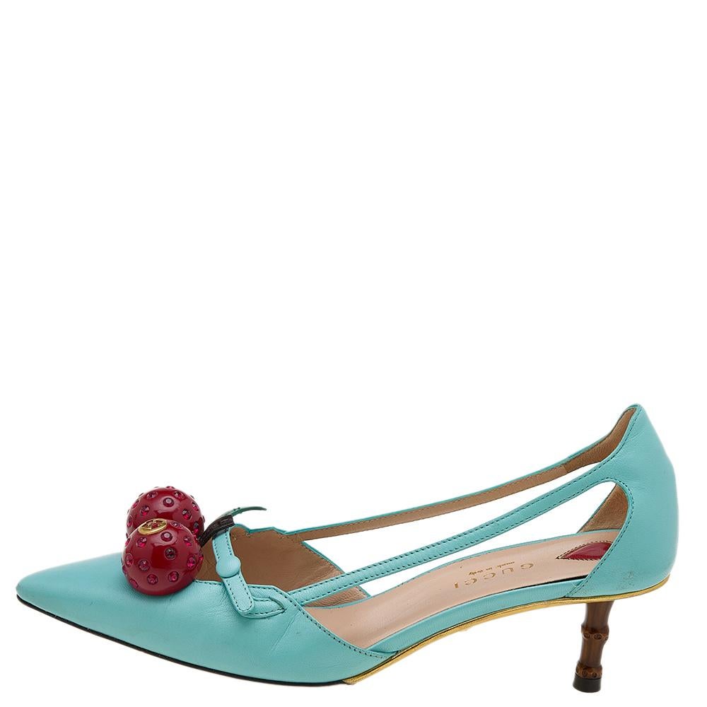 These pointed-toe pumps from Gucci have come straight from a shoe lover's dream. Crafted from aqua blue leather, detailed with cherry motifs, and balanced on bamboo heels, the pumps are lovely and gorgeous!