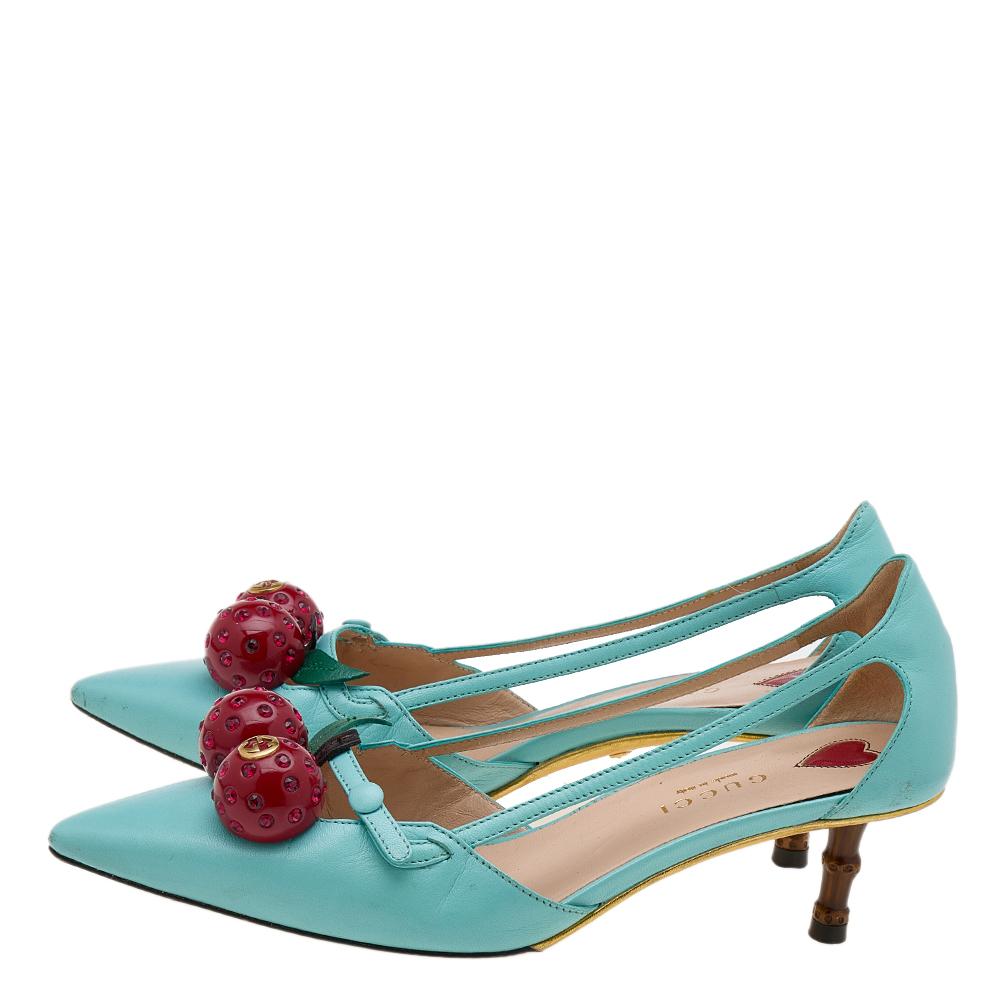 Gray Gucci Aqua Blue Leather Unia Cherry Bamboo Heel Pointed Toe Pumps Size 35 For Sale