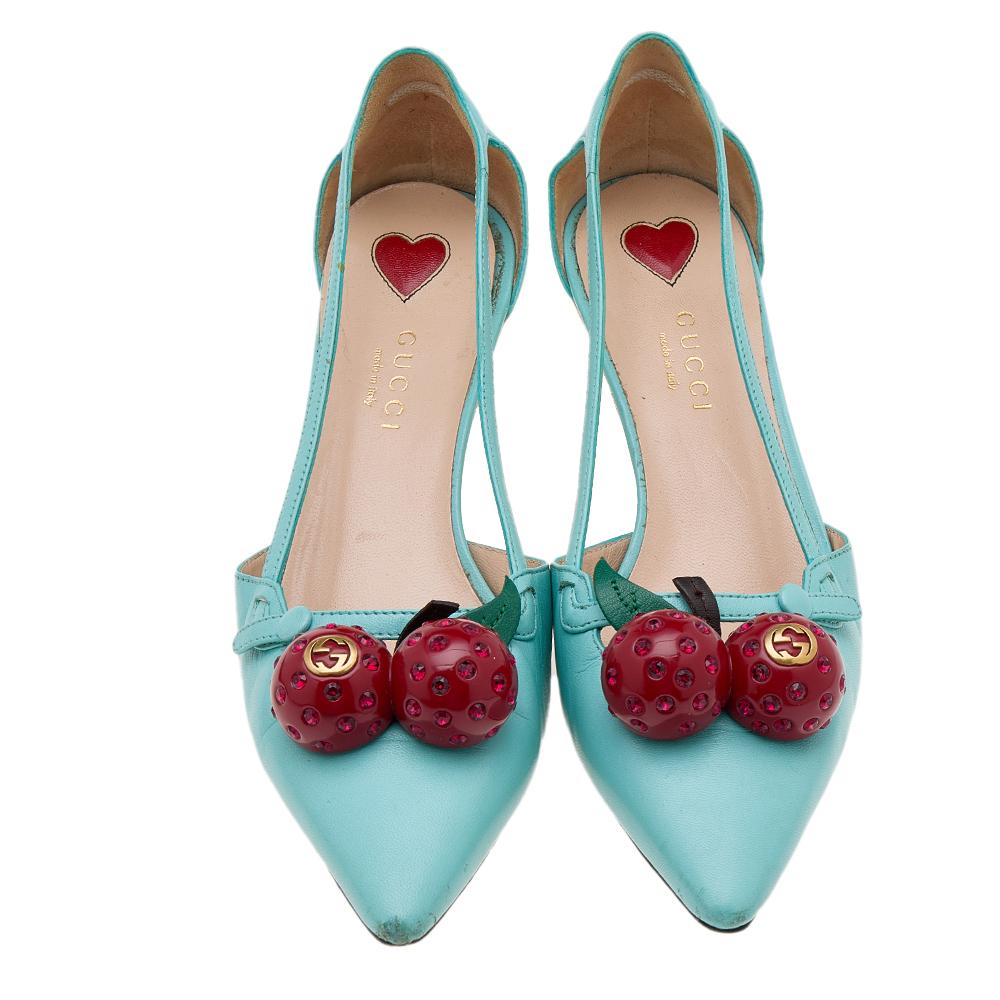 Women's Gucci Aqua Blue Leather Unia Cherry Bamboo Heel Pointed Toe Pumps Size 35 For Sale