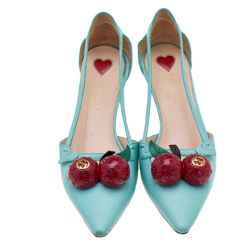 Gucci Aqua Blue Leather Unia Cherry Bamboo Heel Pointed Toe Pumps Size 35 For Sale 1