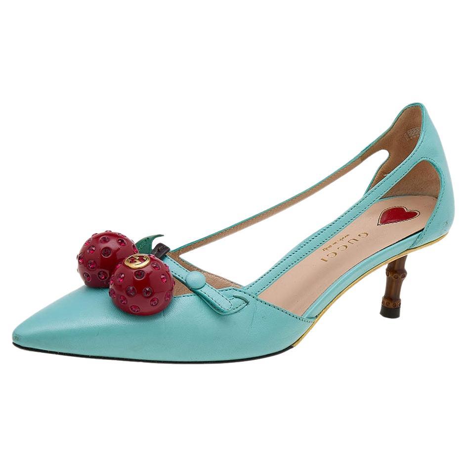 Gucci Aqua Blue Leather Unia Cherry Bamboo Heel Pointed Toe Pumps Size 35 For Sale