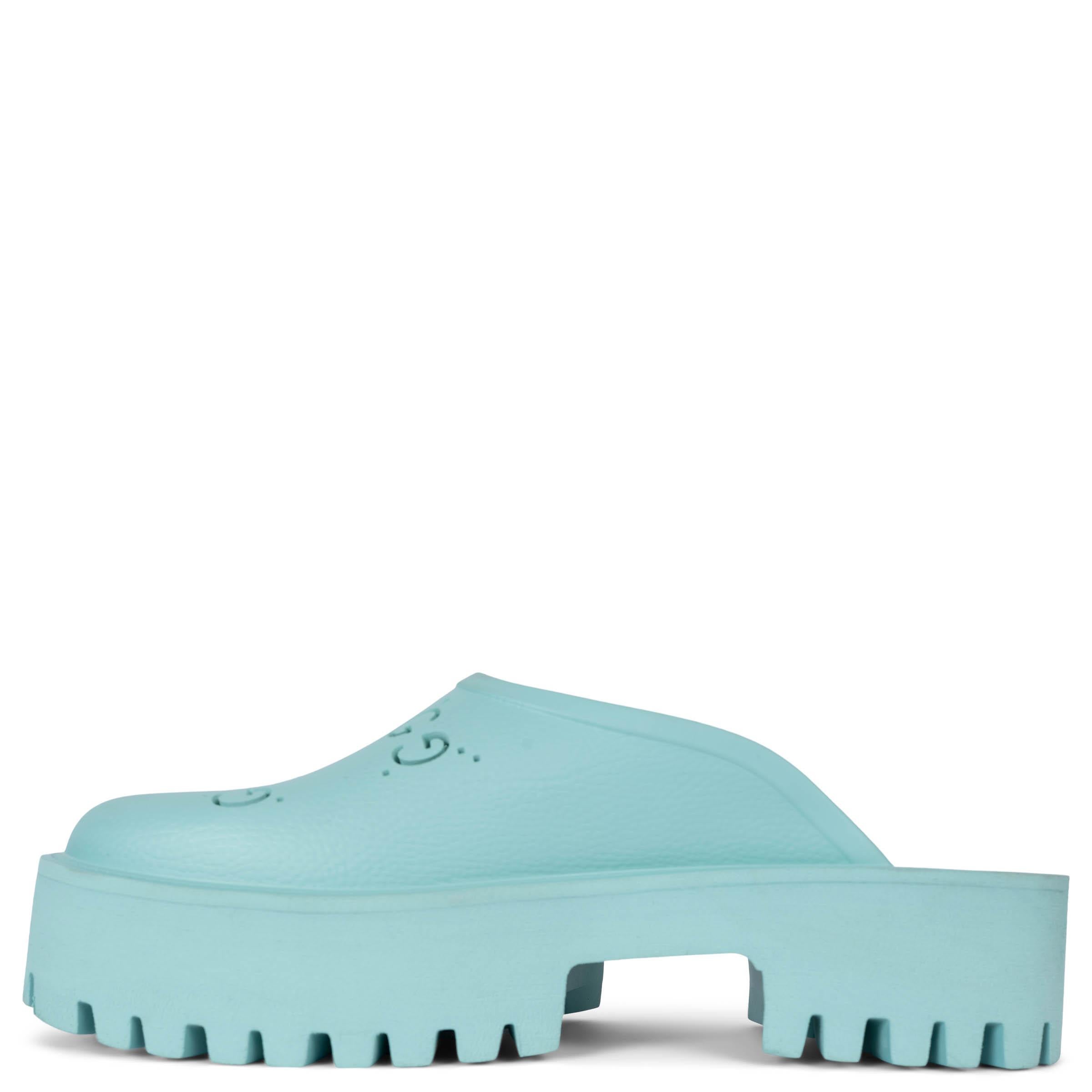 Bleu GUCCI bleu aqua caoutchouc ELEA GG PERFORATE PLATFORM CLOGS Chaussures 42 en vente