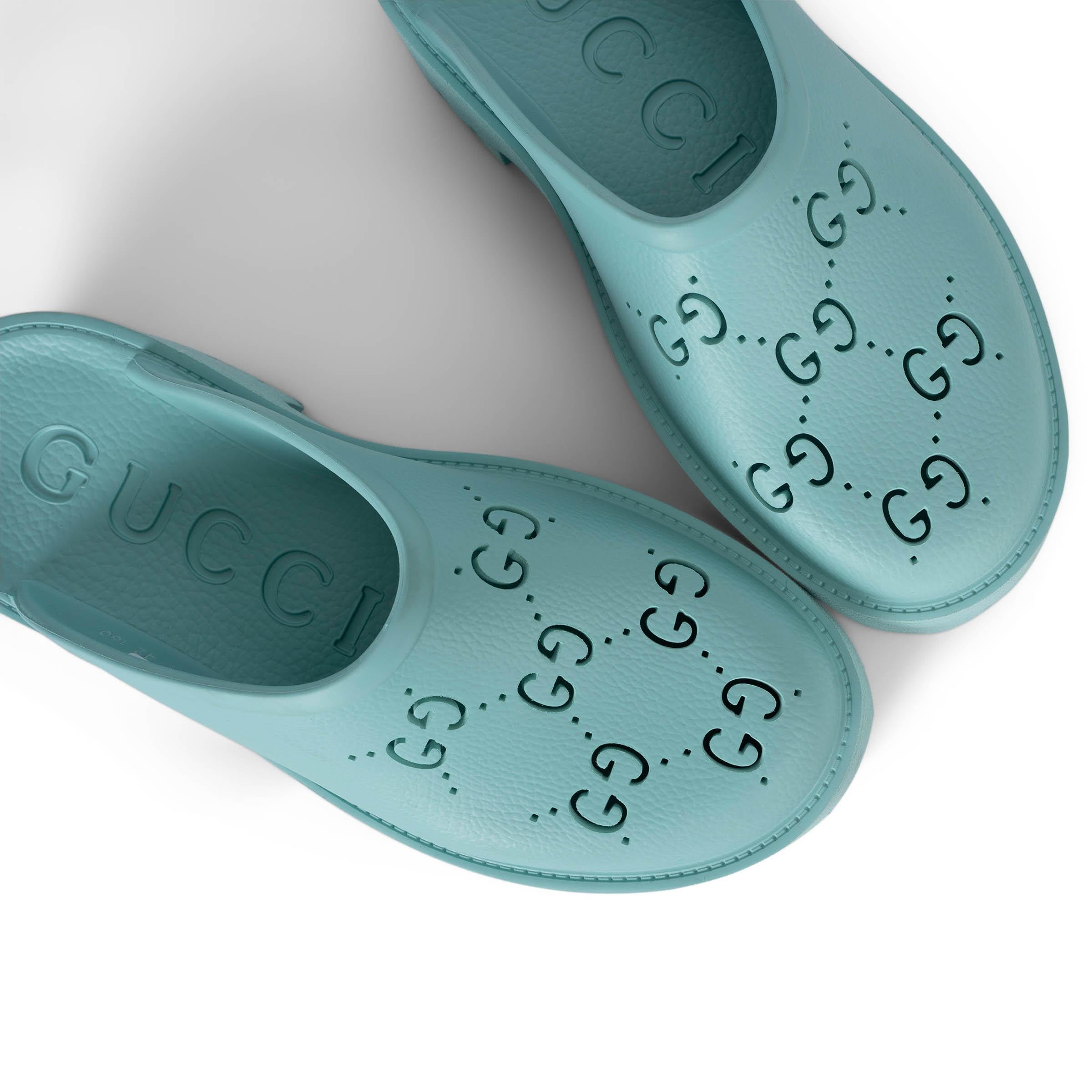 GUCCI bleu aqua caoutchouc ELEA GG PERFORATE PLATFORM CLOGS Chaussures 42 en vente 1