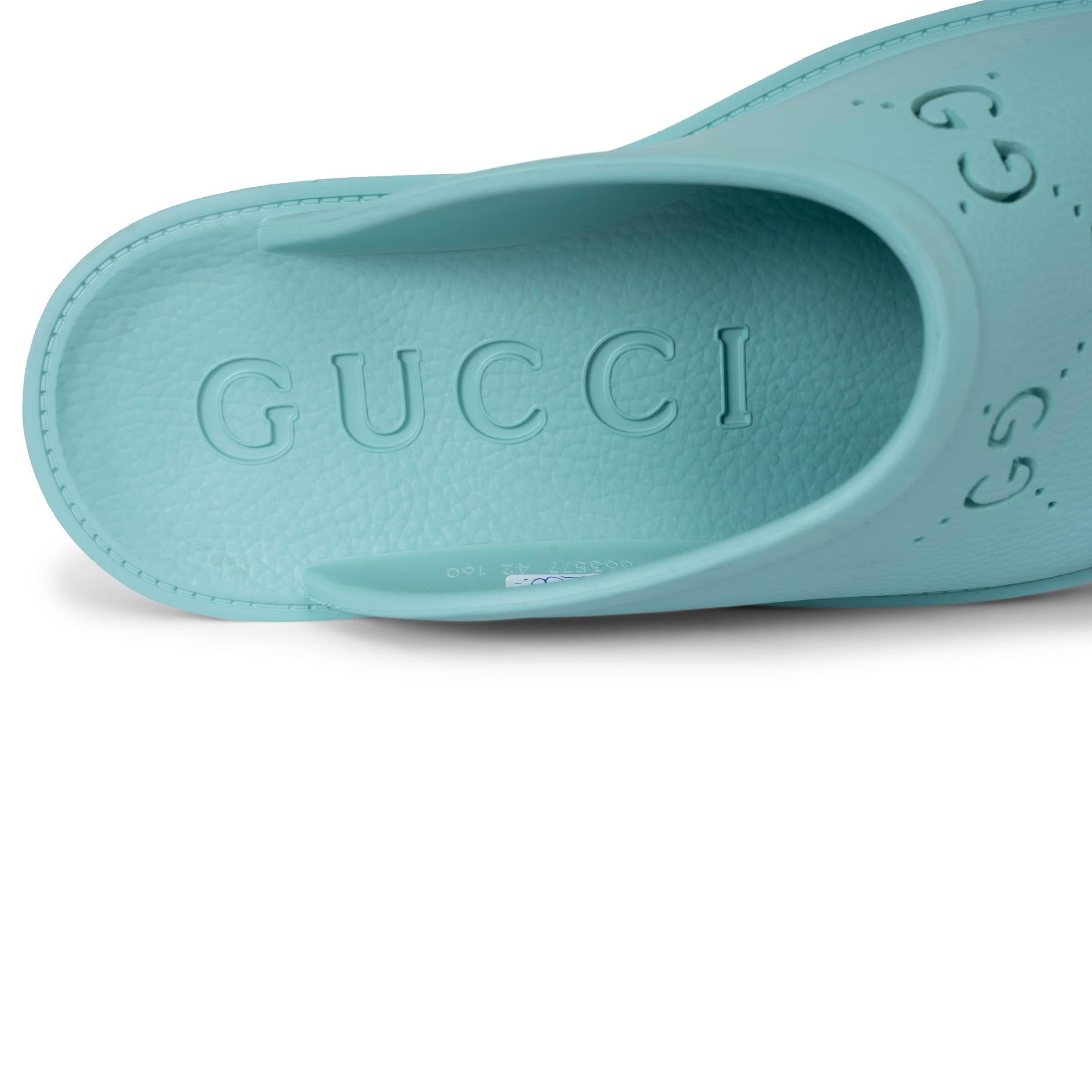 GUCCI bleu aqua caoutchouc ELEA GG PERFORATE PLATFORM CLOGS Chaussures 42 en vente 2