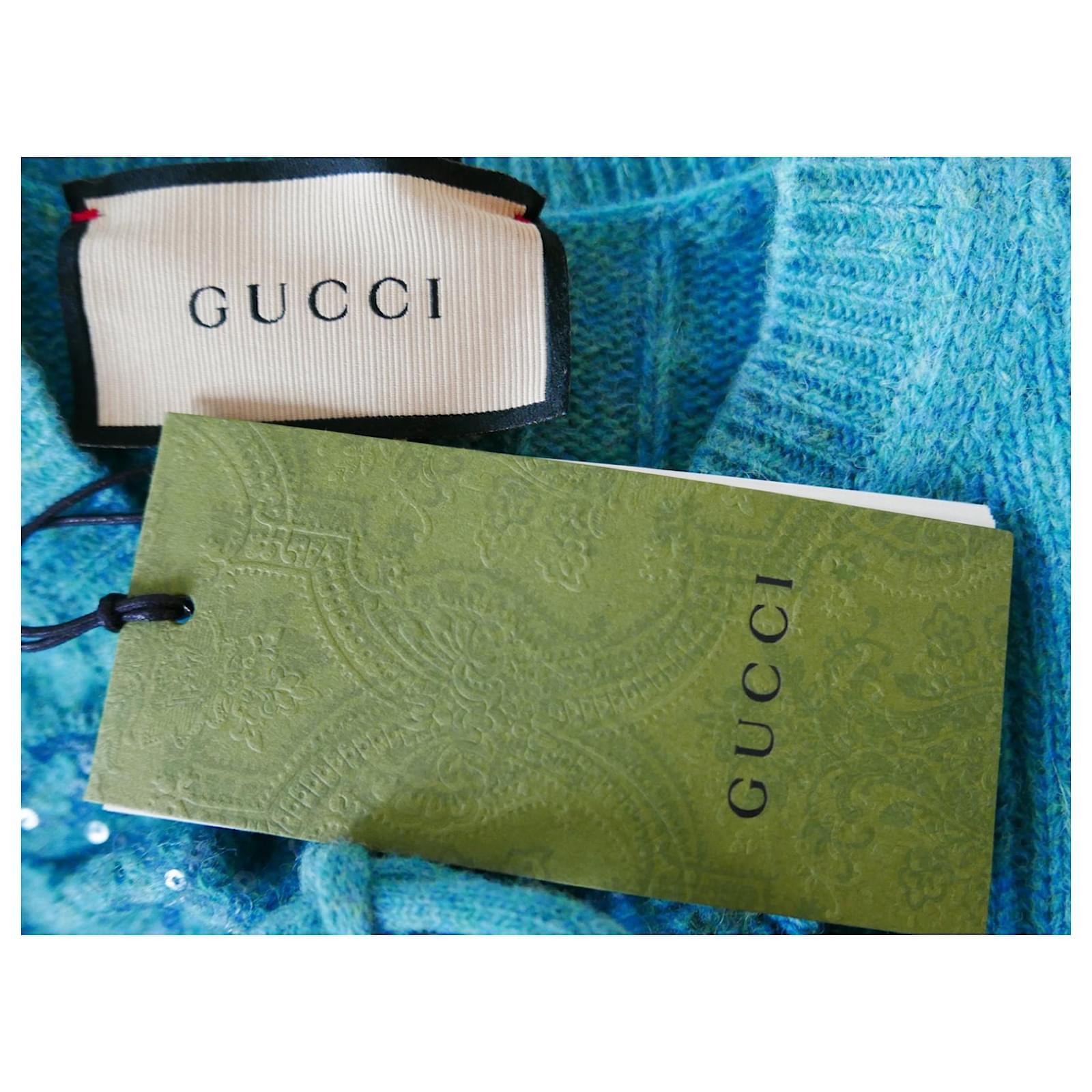 Gucci Aqua Wool Sequin Bow Knit Dress For Sale 3