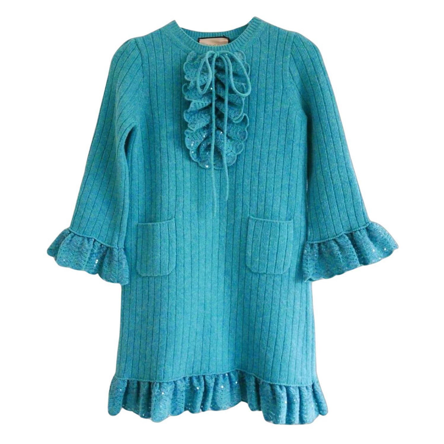 Gucci Aqua Wool Sequin Bow Knit Dress