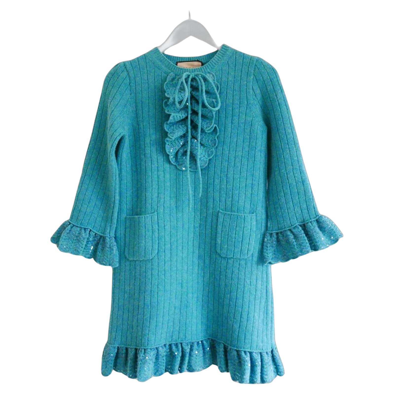 Gucci Aqua Wool Sequin Bow Knit Dress For Sale