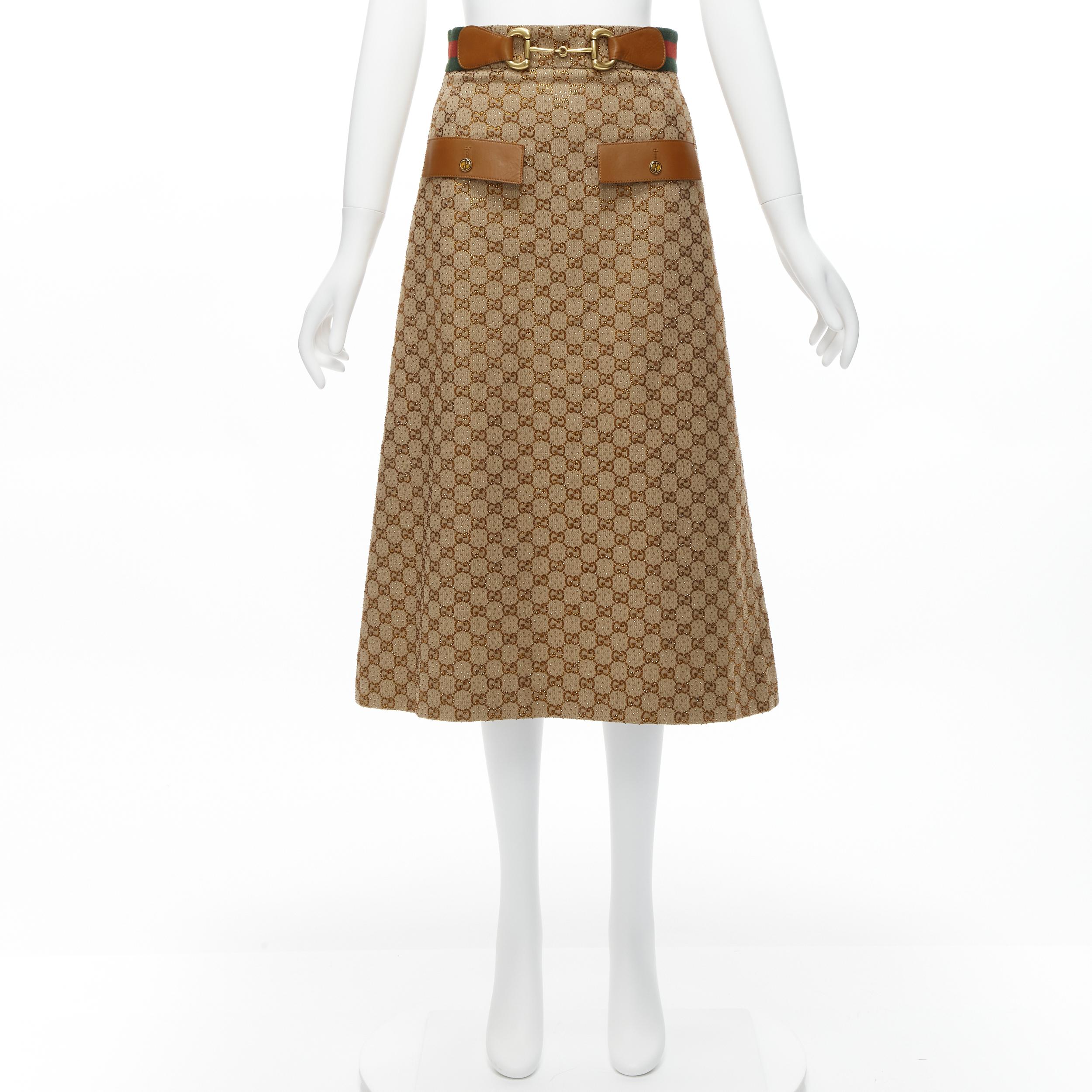 GUCCI Aria GG monogram crystal brown leather horsebit A-line midi skirt IT38 XS For Sale 5