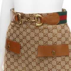 GUCCI Aria GG monogram crystal brown leather horsebit A-line midi skirt IT38 XS