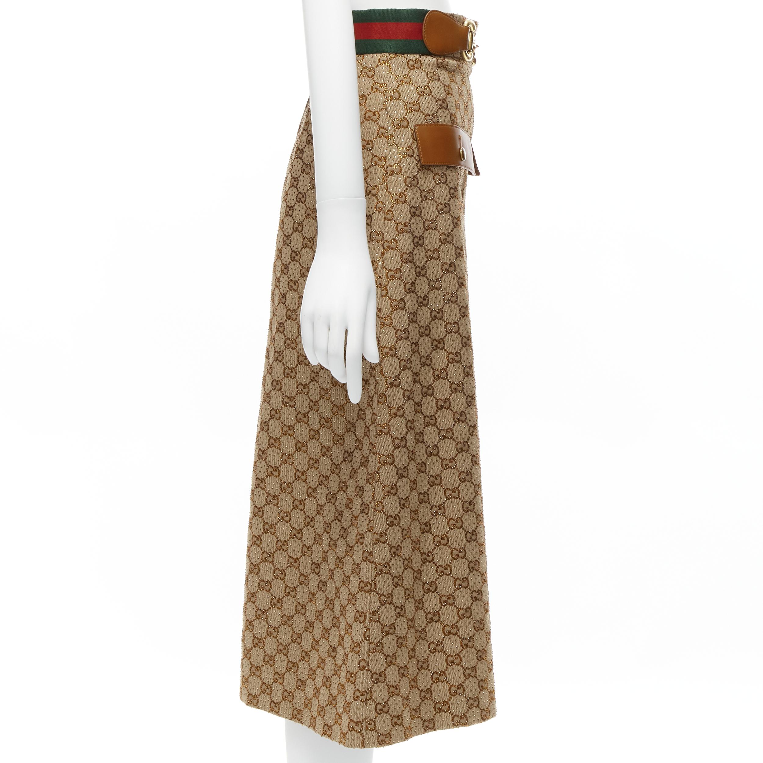 GUCCI Aria GG monogram crystal brown leather horsebit A-line midi skirt IT38 XS In Good Condition For Sale In Hong Kong, NT