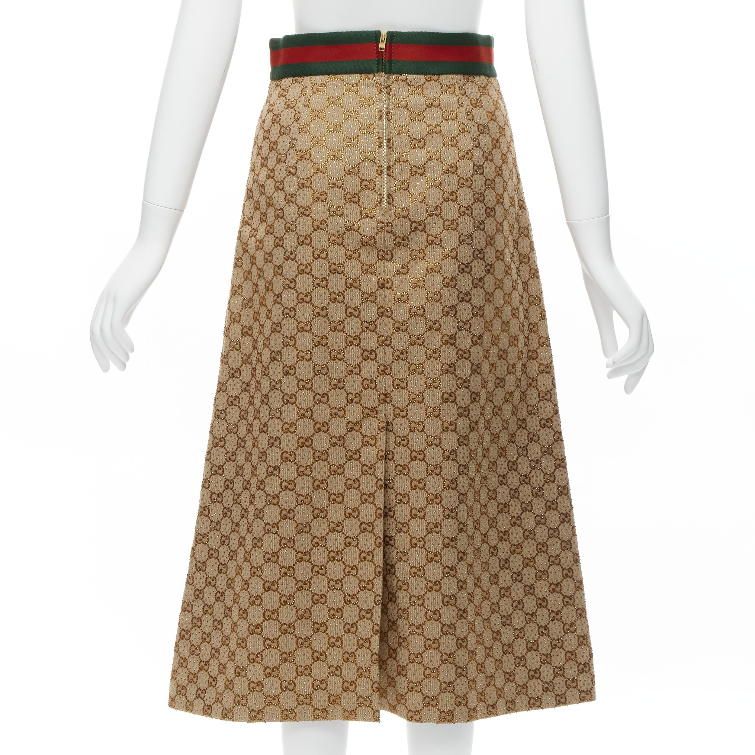 Women's GUCCI Aria GG monogram crystal brown leather horsebit A-line midi skirt IT38 XS For Sale