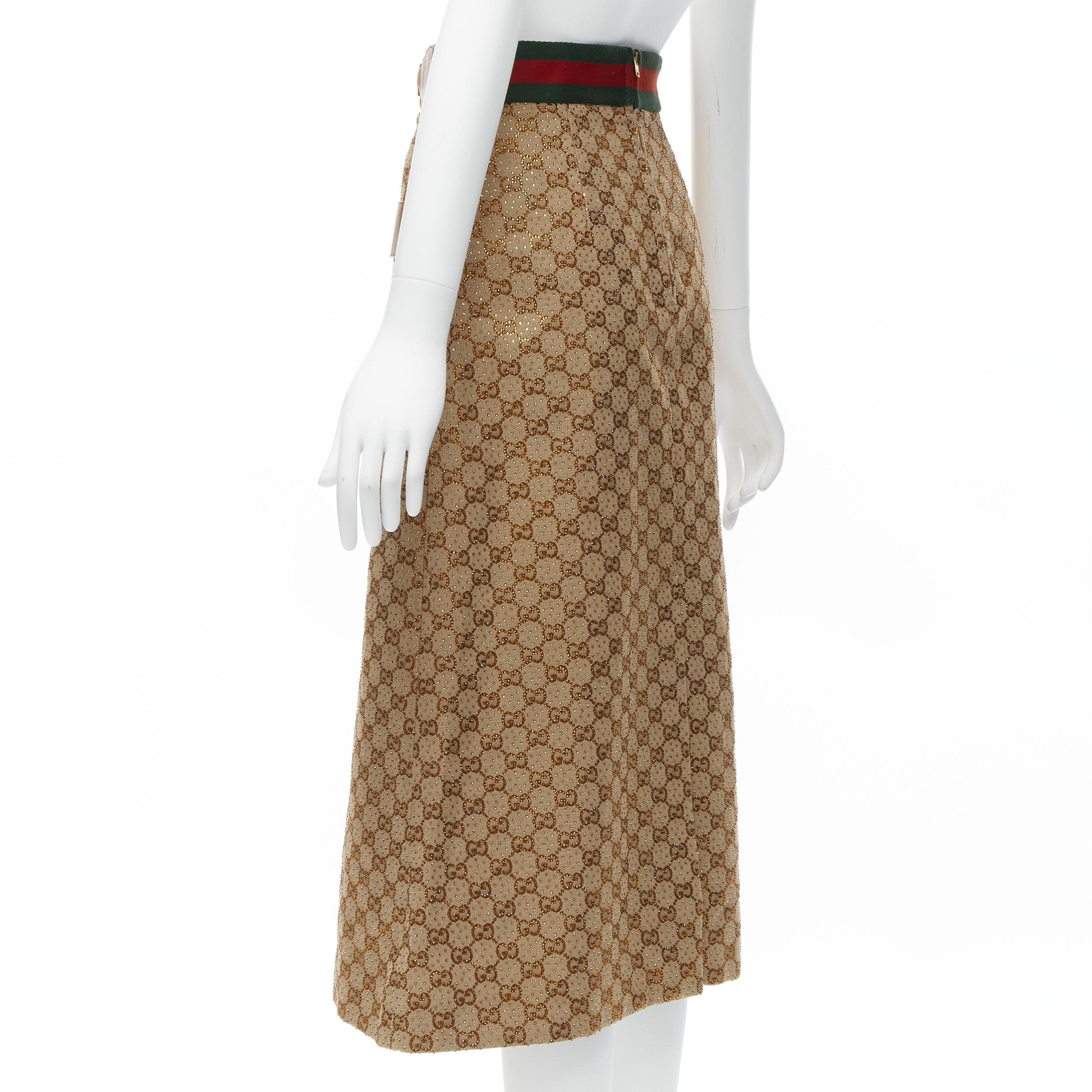 GUCCI Aria GG monogram crystal brown leather horsebit A-line midi skirt IT38 XS For Sale 1