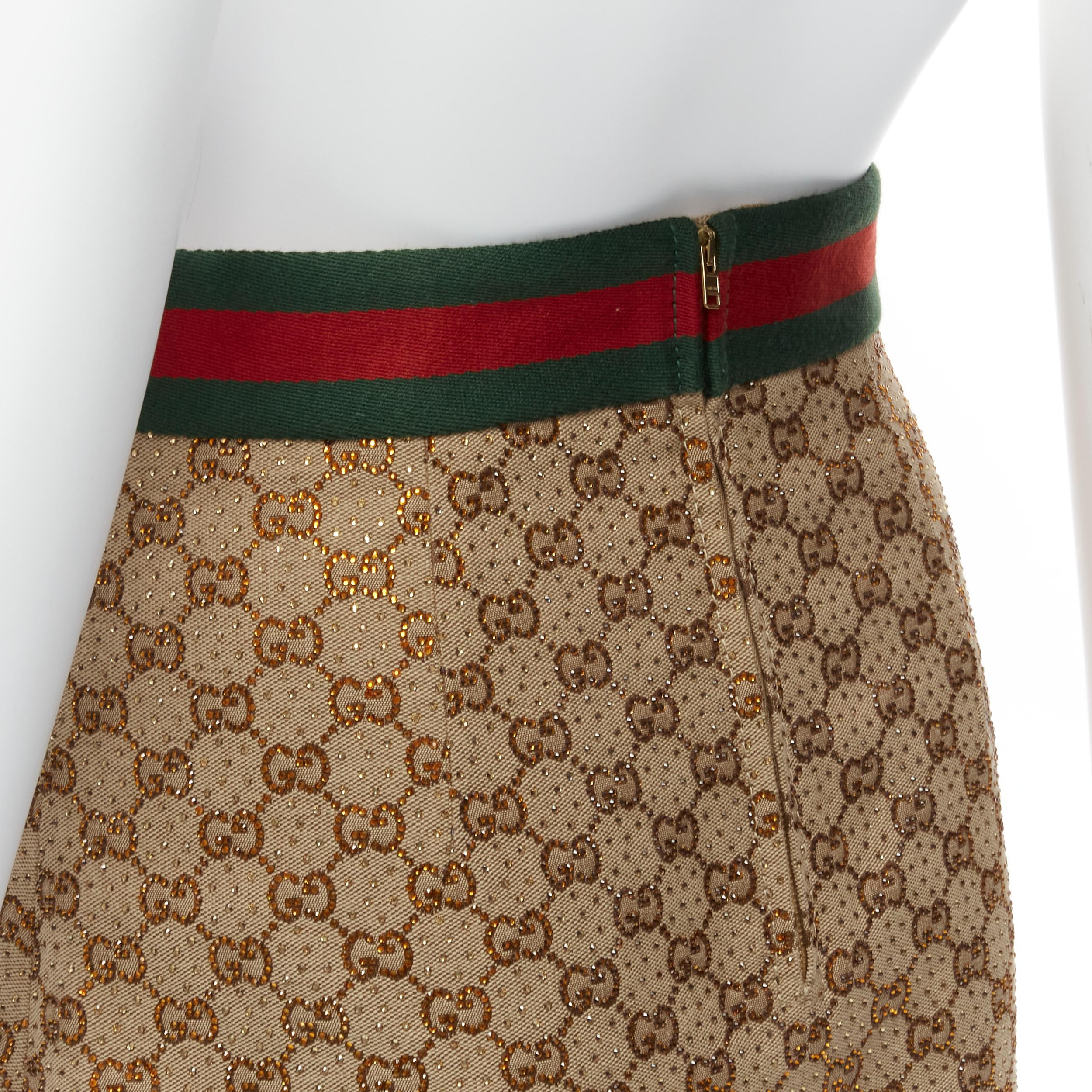 GUCCI Aria GG monogram crystal brown leather horsebit A-line midi skirt IT38 XS For Sale 2