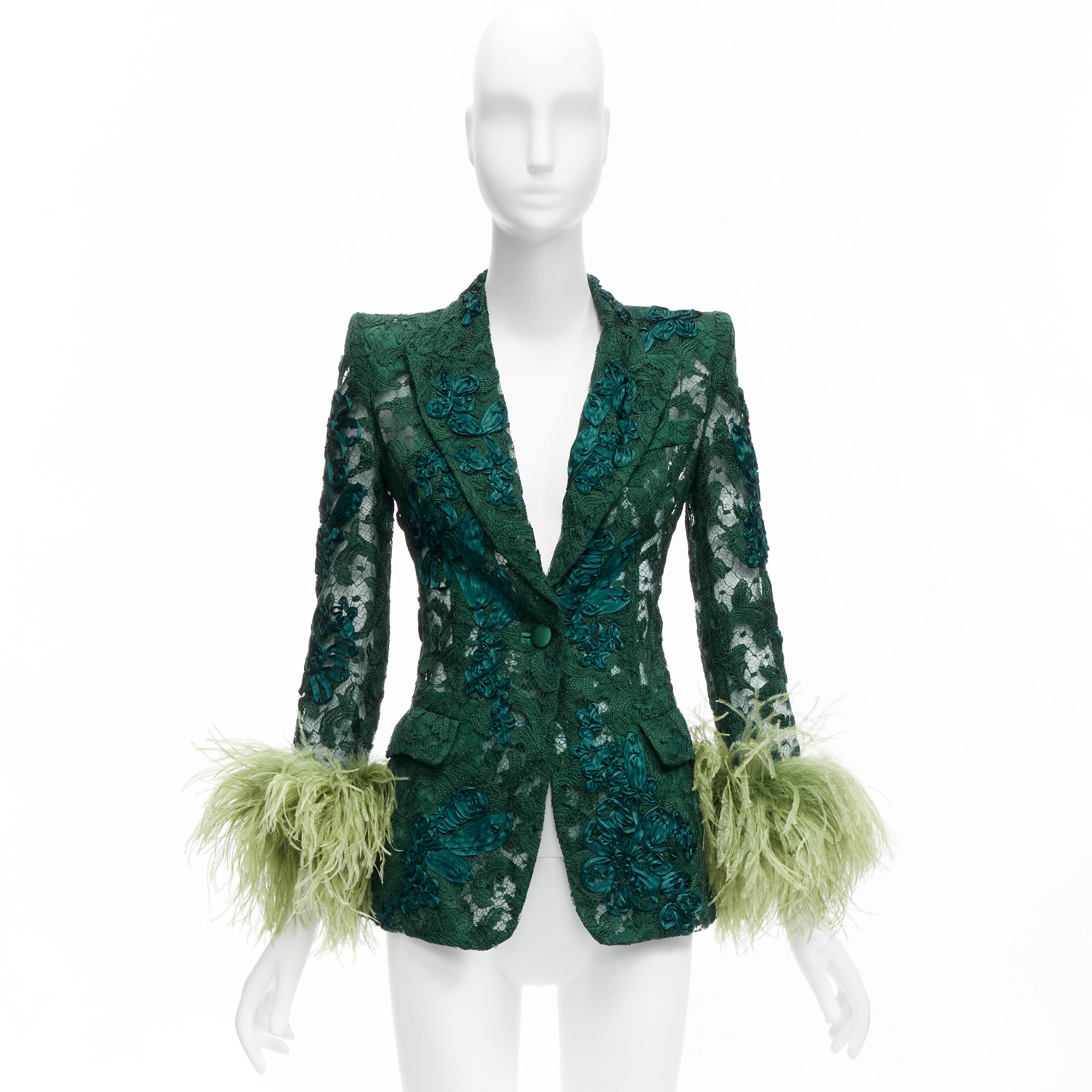 GUCCI Aria  ostrich feather cuff embellished lace sheer blazer jacket IT36  For Sale 7