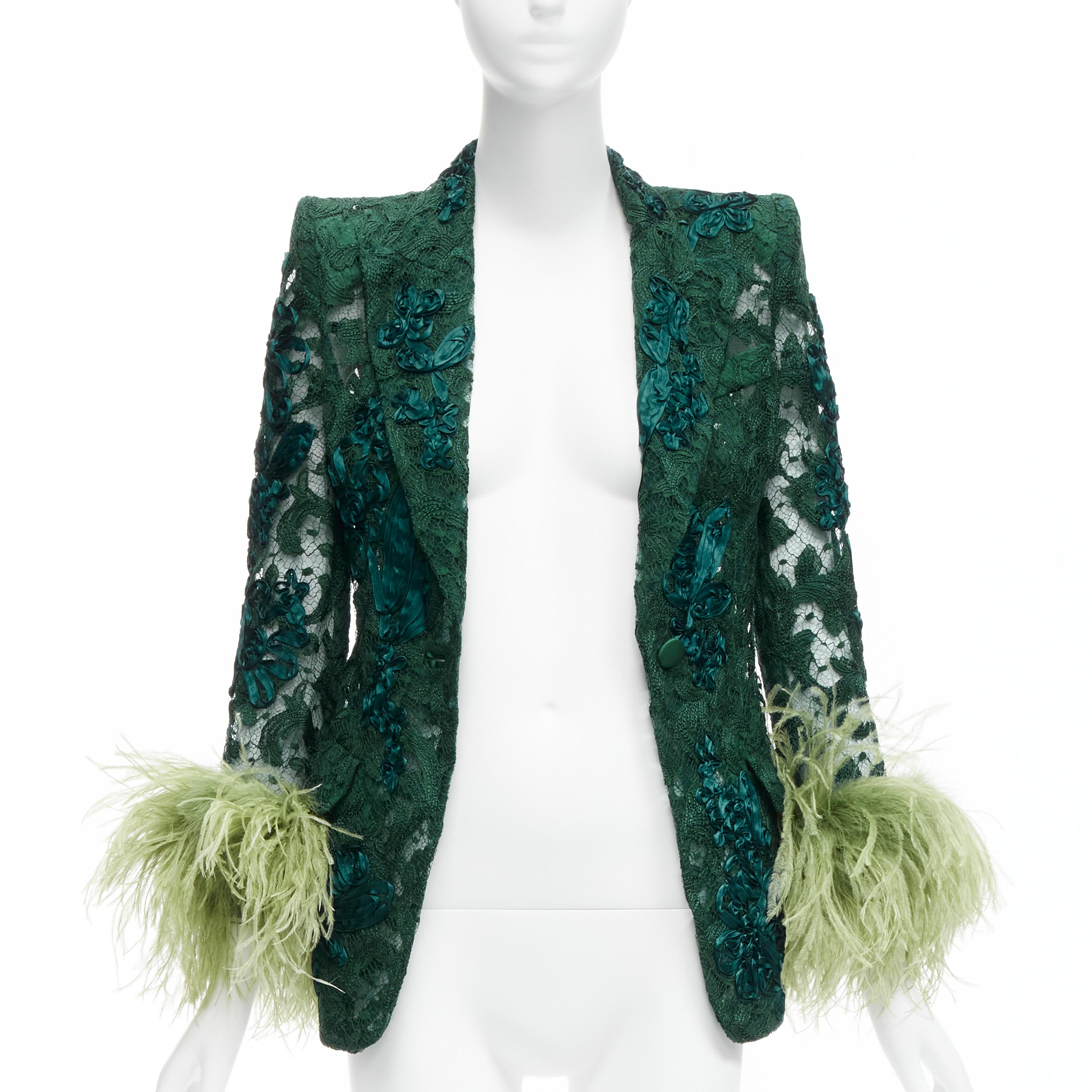 GUCCI Aria  ostrich feather cuff embellished lace sheer blazer jacket IT36  In Excellent Condition For Sale In Hong Kong, NT