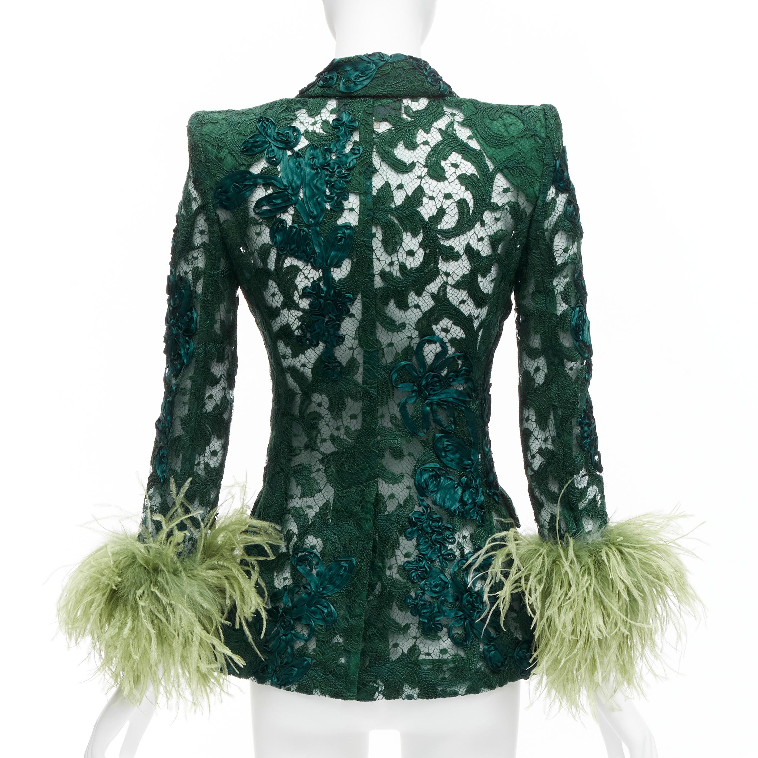 GUCCI Aria  ostrich feather cuff embellished lace sheer blazer jacket IT36  For Sale 2