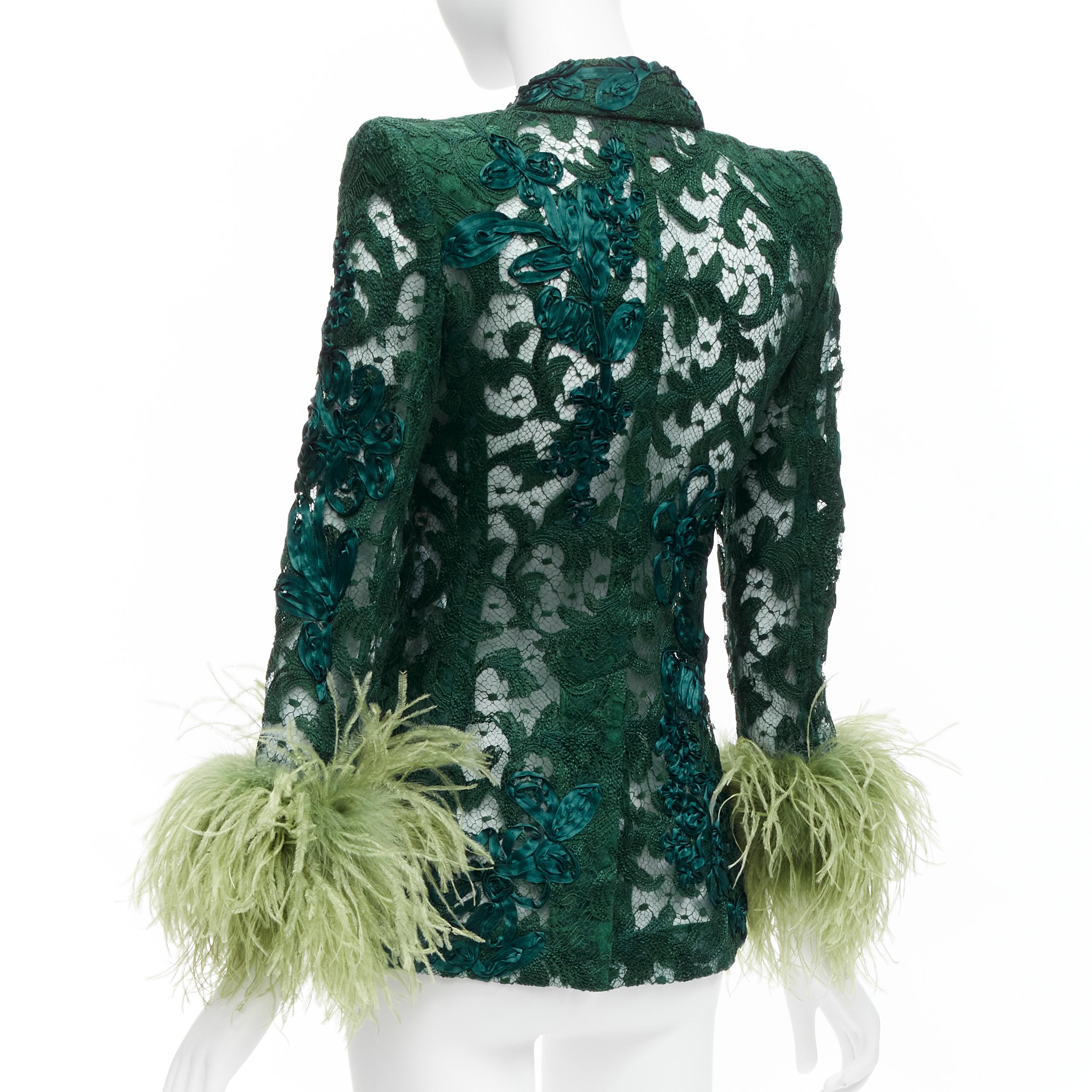 GUCCI Aria  ostrich feather cuff embellished lace sheer blazer jacket IT36  For Sale 3