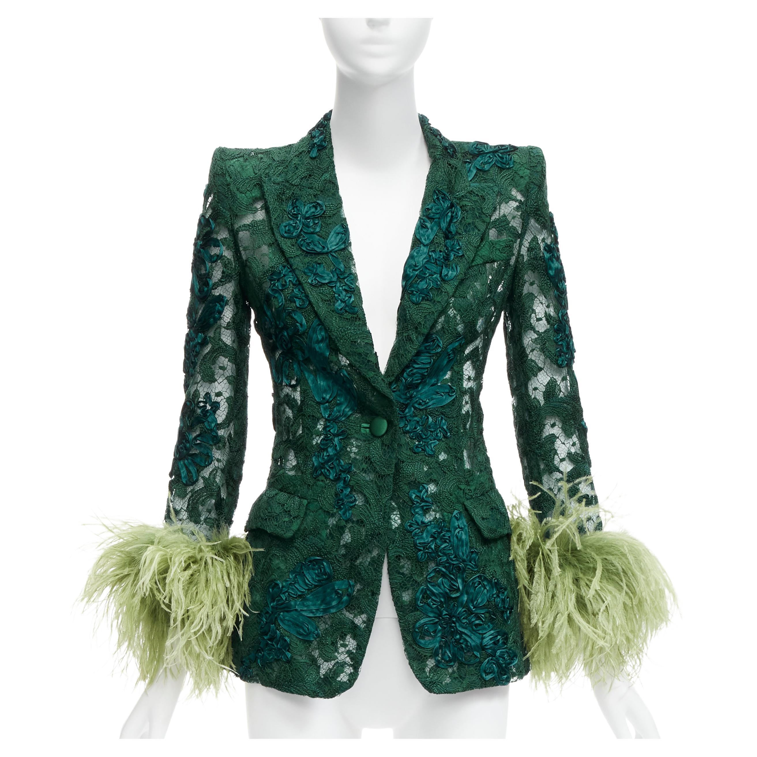 GUCCI Aria  ostrich feather cuff embellished lace sheer blazer jacket IT36  For Sale