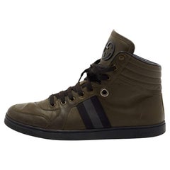 Gucci Army Green Leather Web Viaggio High-Top Sneakers Size 42