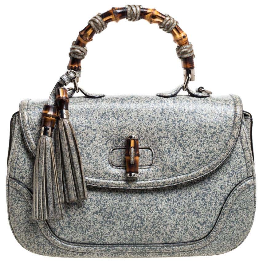 Gucci Ash Blue/Grey Speckled Leather Large New Bamboo Top Handle Bag at ...