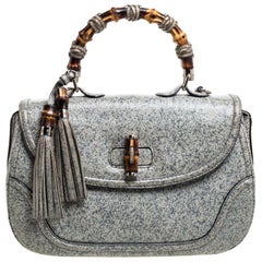 Gucci Ash Blue/Grey Speckled Leather Large New Bamboo Top Handle Bag