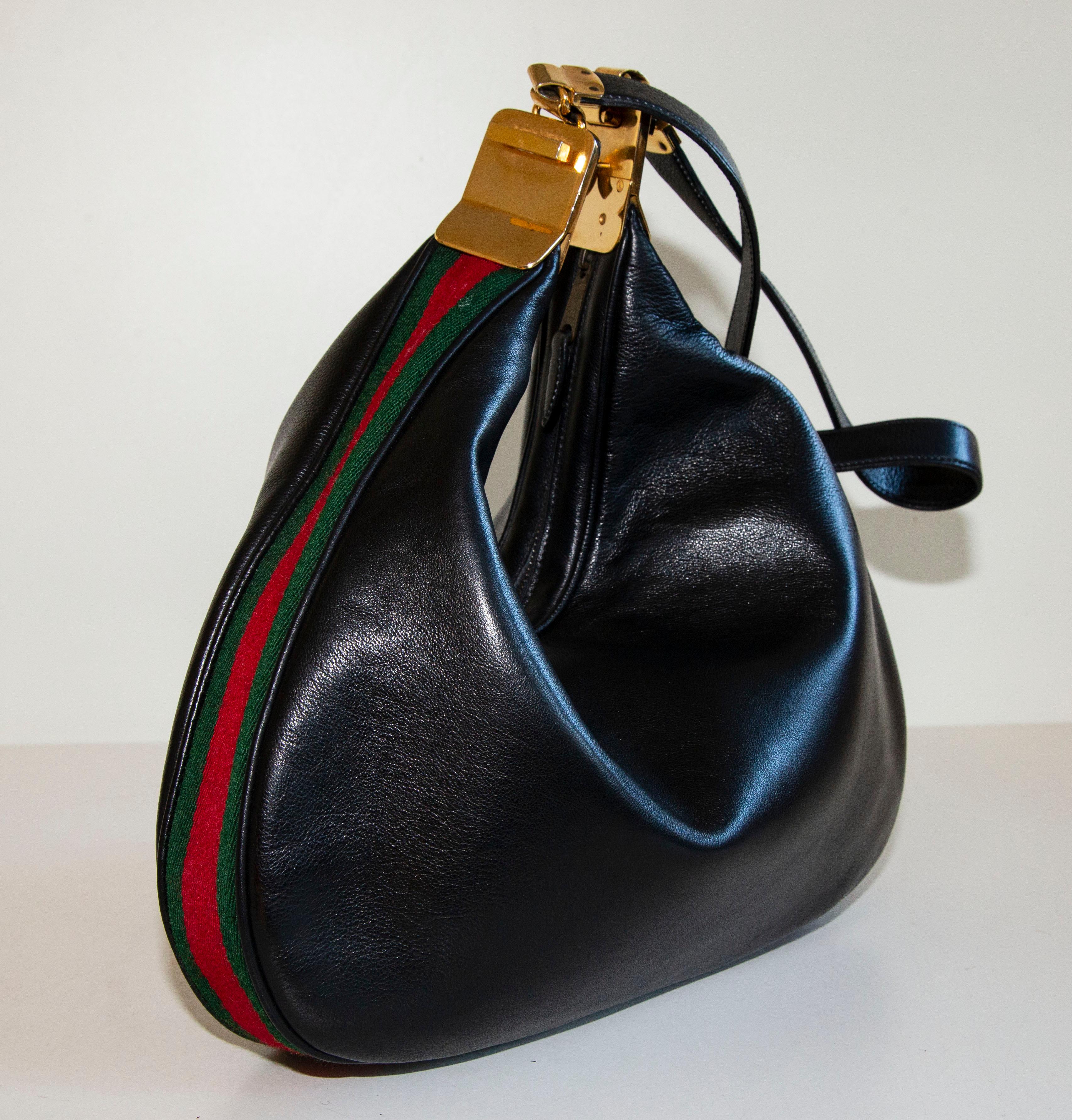 Gucci Attache Large Shoulder Bag Gucci Signature Race Strap Black Leather 1960s 1