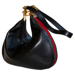 Vintage Gucci Attache Large Shoulder Bag Gucci Signature Race Strap Black Leather 1960s