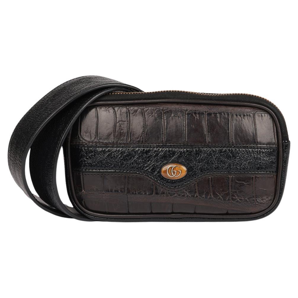 Gucci Alligatore e pelle di vitello opaco melanzana, vernice nera invecchiata Op in vendita