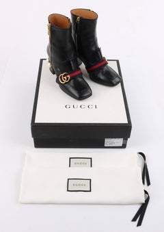 GUCCI A/W 2016 "Peyton" Black Leather Pearl Heel GG Buckle Ankle Boots Booties