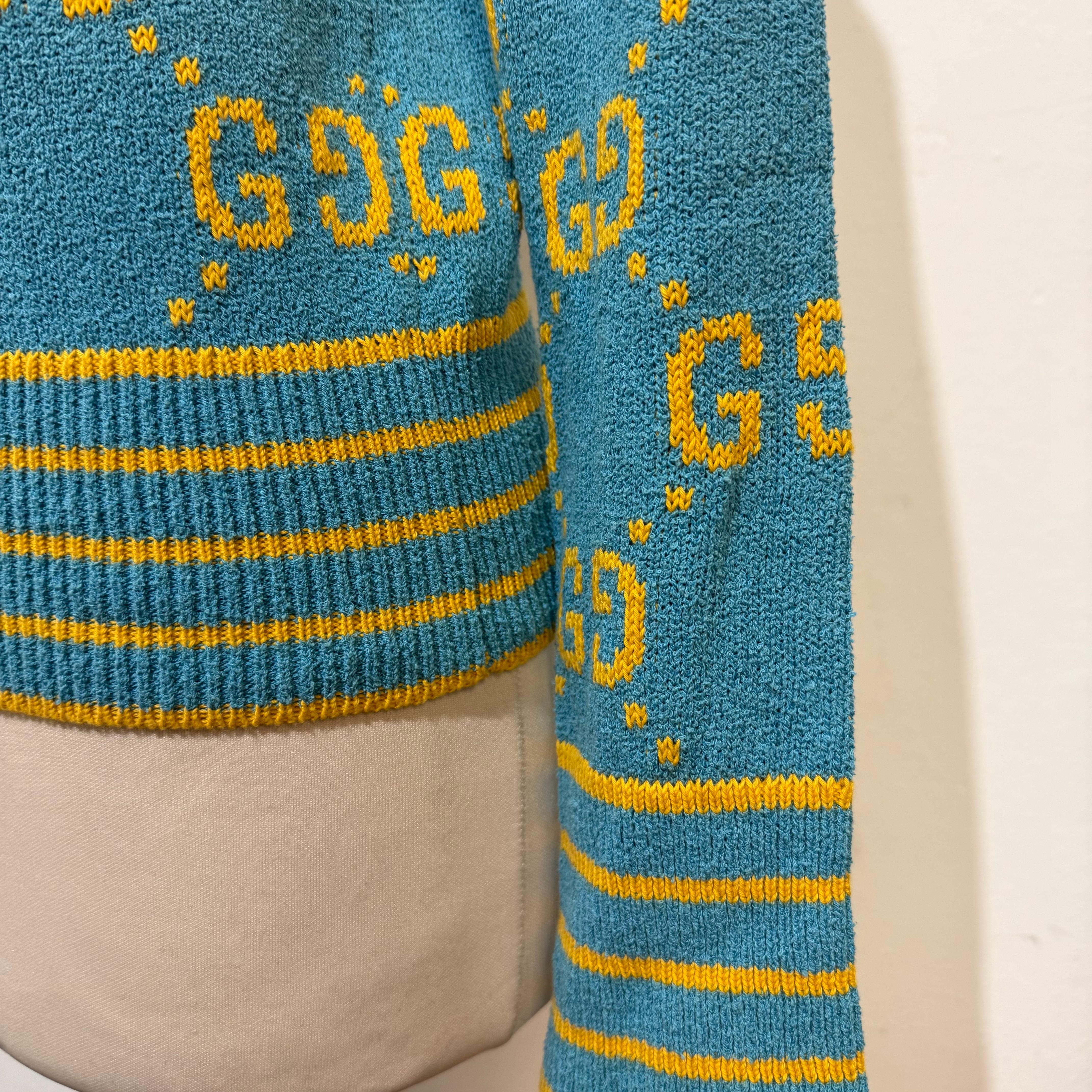 Pull GG bleu azur et jaune de Gucci Taille XS Pour femmes en vente