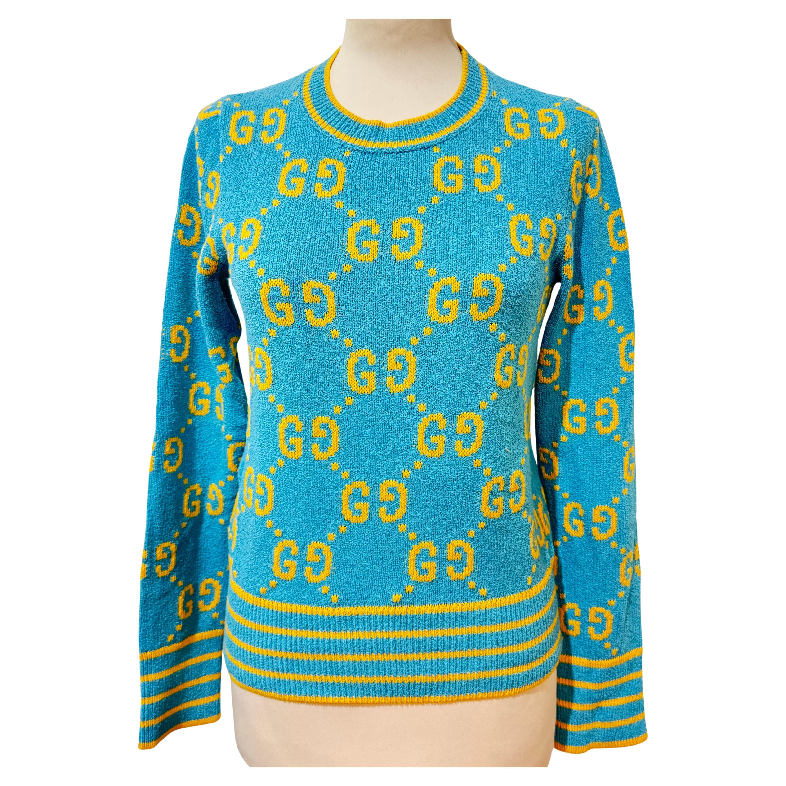 Pull GG bleu azur et jaune de Gucci Taille XS