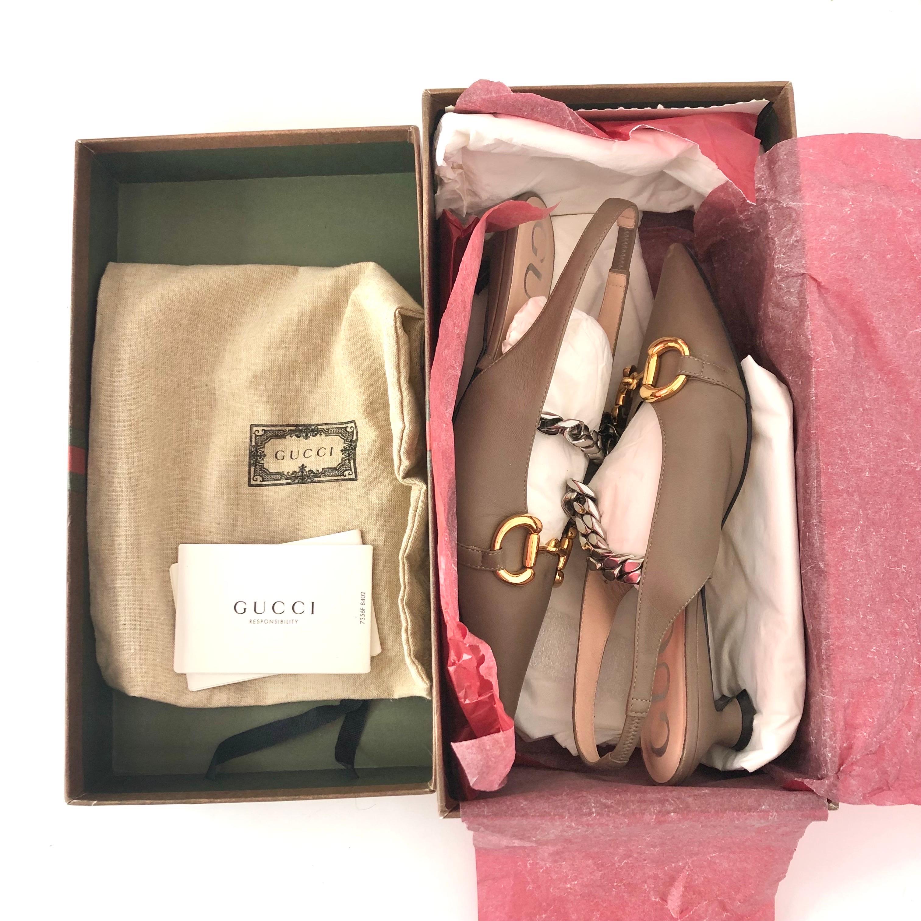 Gucci Baby Bit Deva Taupe Maryjane Pointed Toe Slingback Kitten Heel Pumps 36 in vendita 6
