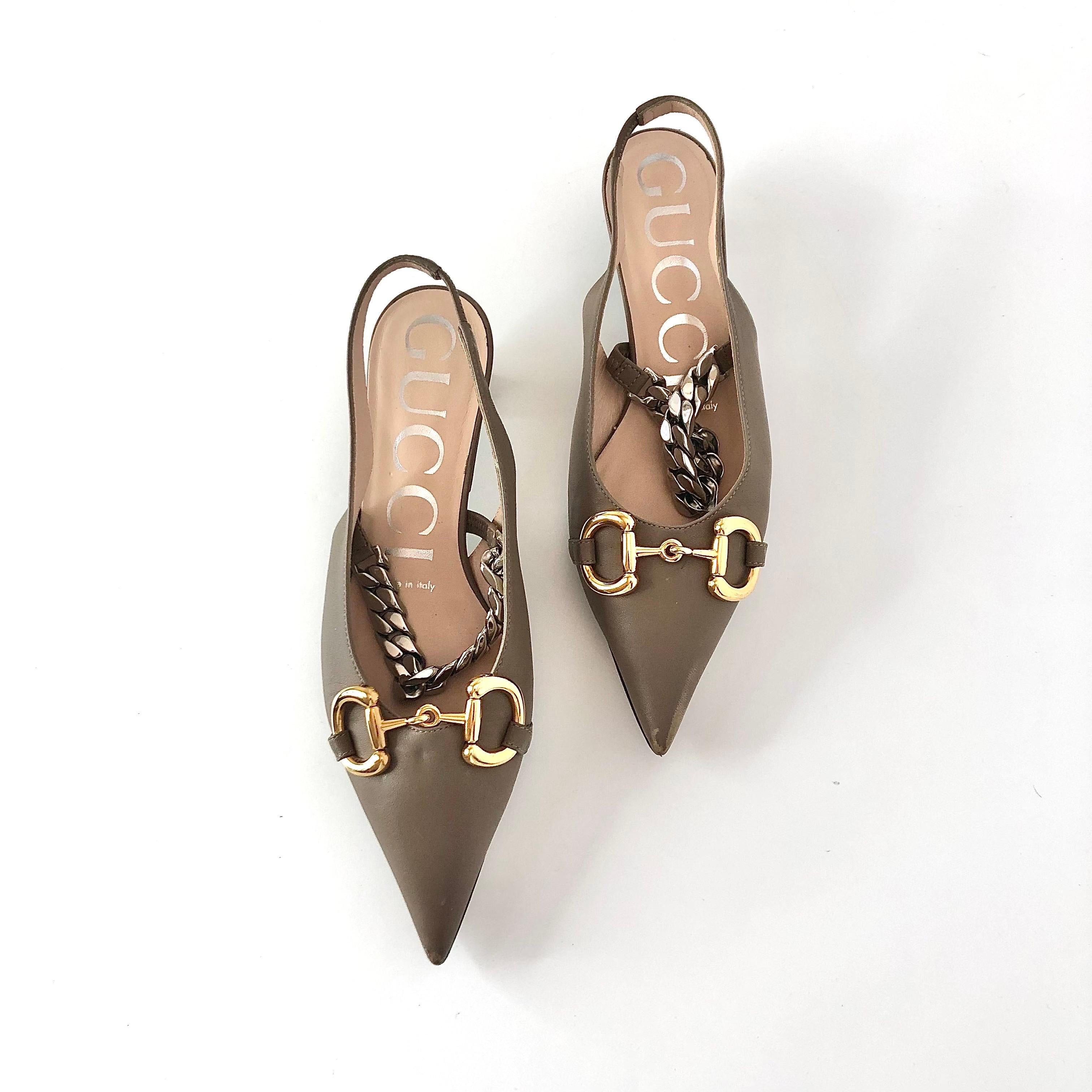 Marrone Gucci Baby Bit Deva Taupe Maryjane Pointed Toe Slingback Kitten Heel Pumps 36 in vendita