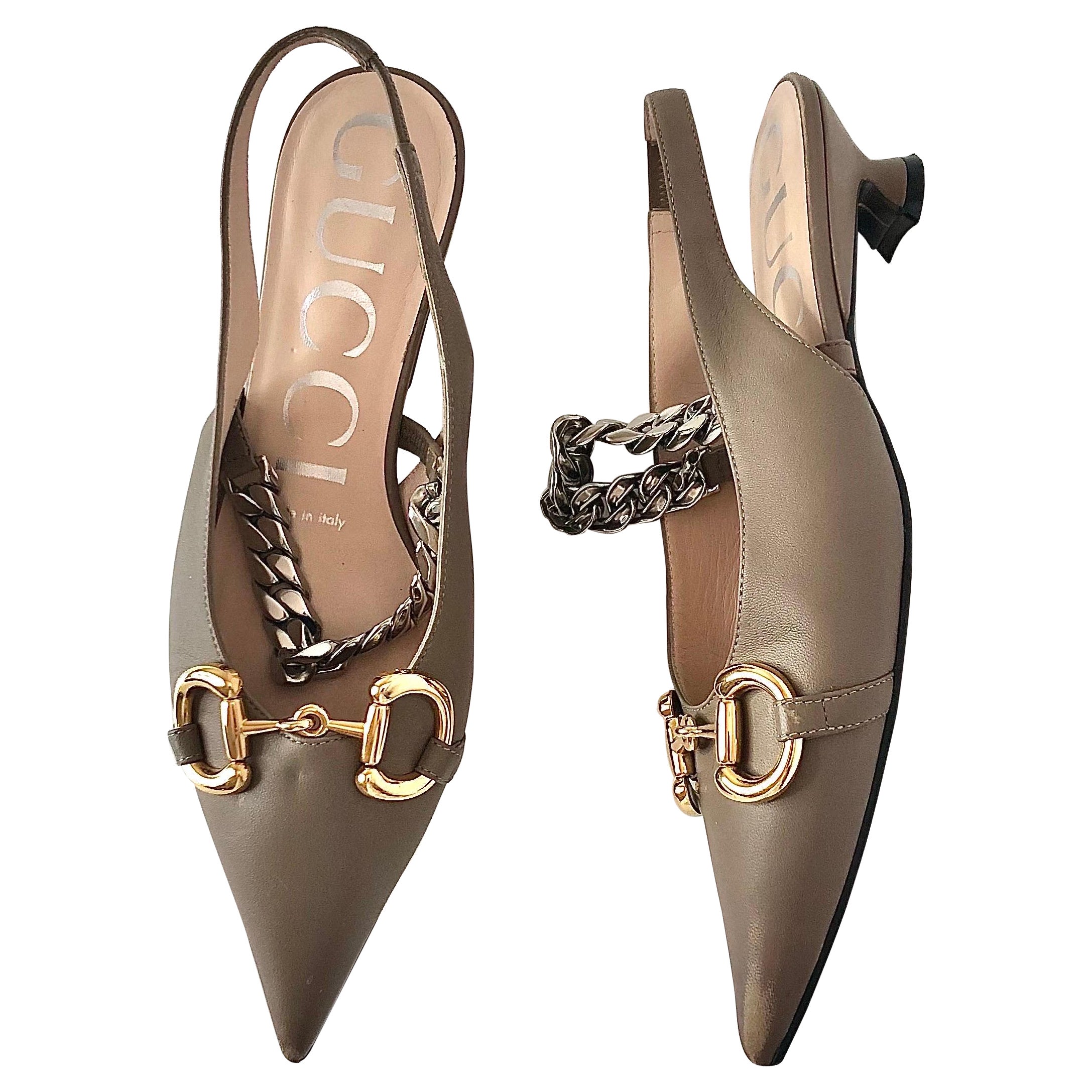 Gucci Baby Bit Deva Taupe Maryjane Pointed Toe Slingback Kitten Heel Pumps 36