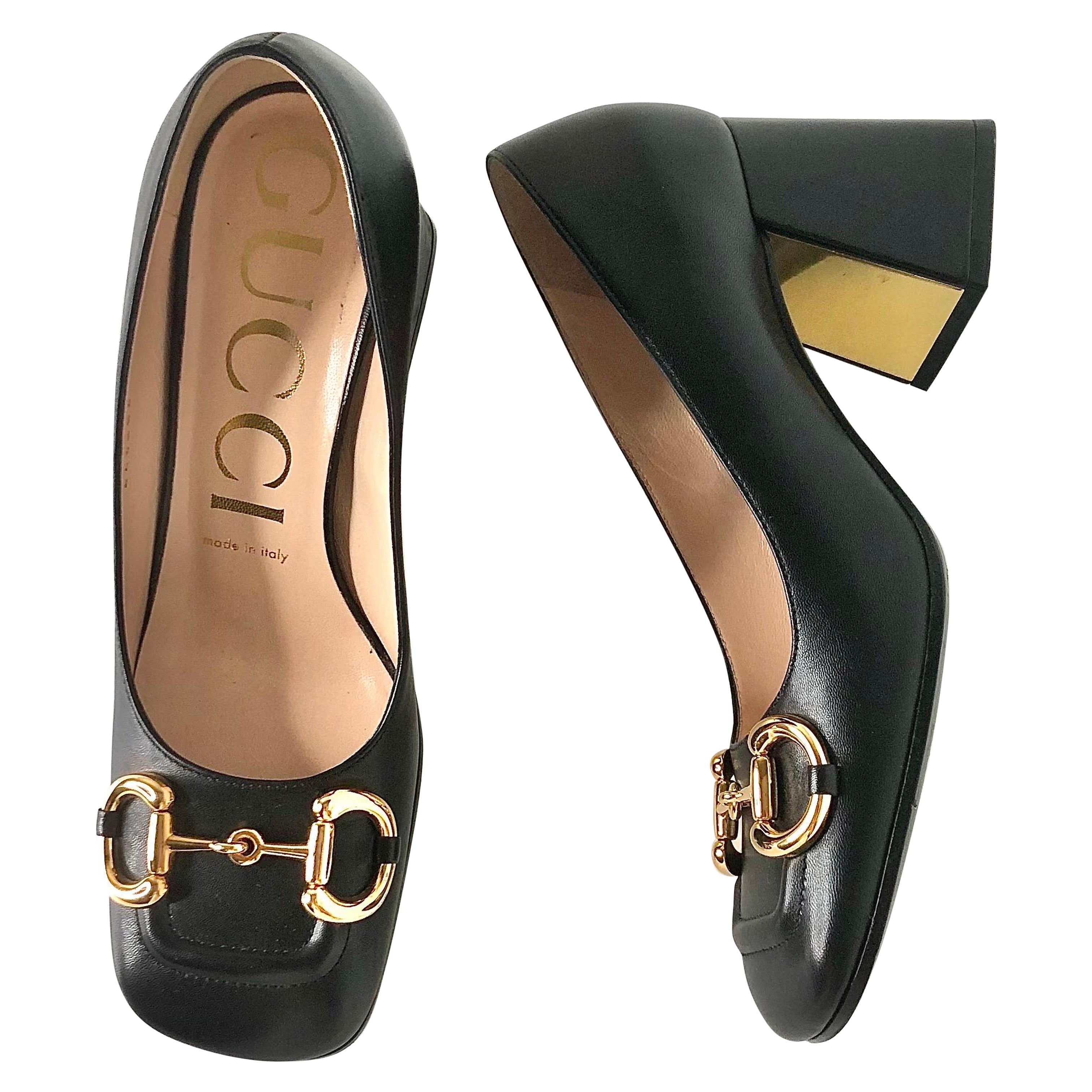 Gucci Baby Horsebit Black Leather Platform Heeled Pumps 37