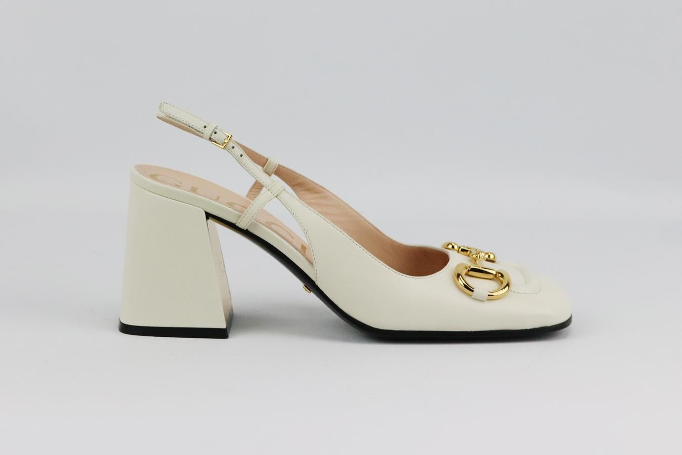 Gucci Baby Horsebit detailed leather slingback pumps. Cream. Buckle fastening at side. Does not come with box or dustbag. Size: EU 40 (UK 7, US 10). Insole: 10.7 in. Heel: 3 in
