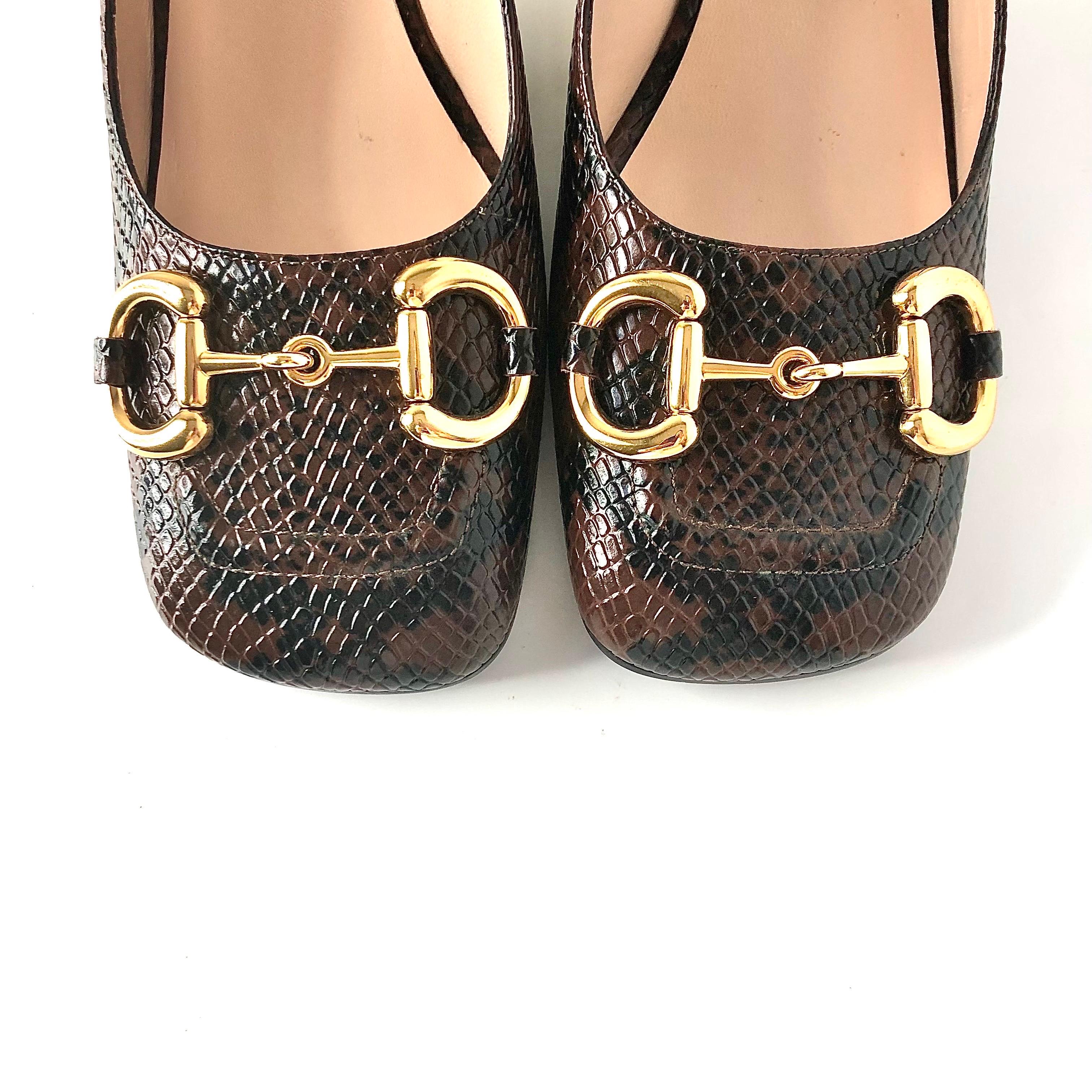 Nero Gucci Baby Horsebit Snake Emboss Slingback Platform Heel Pumps 39 in vendita