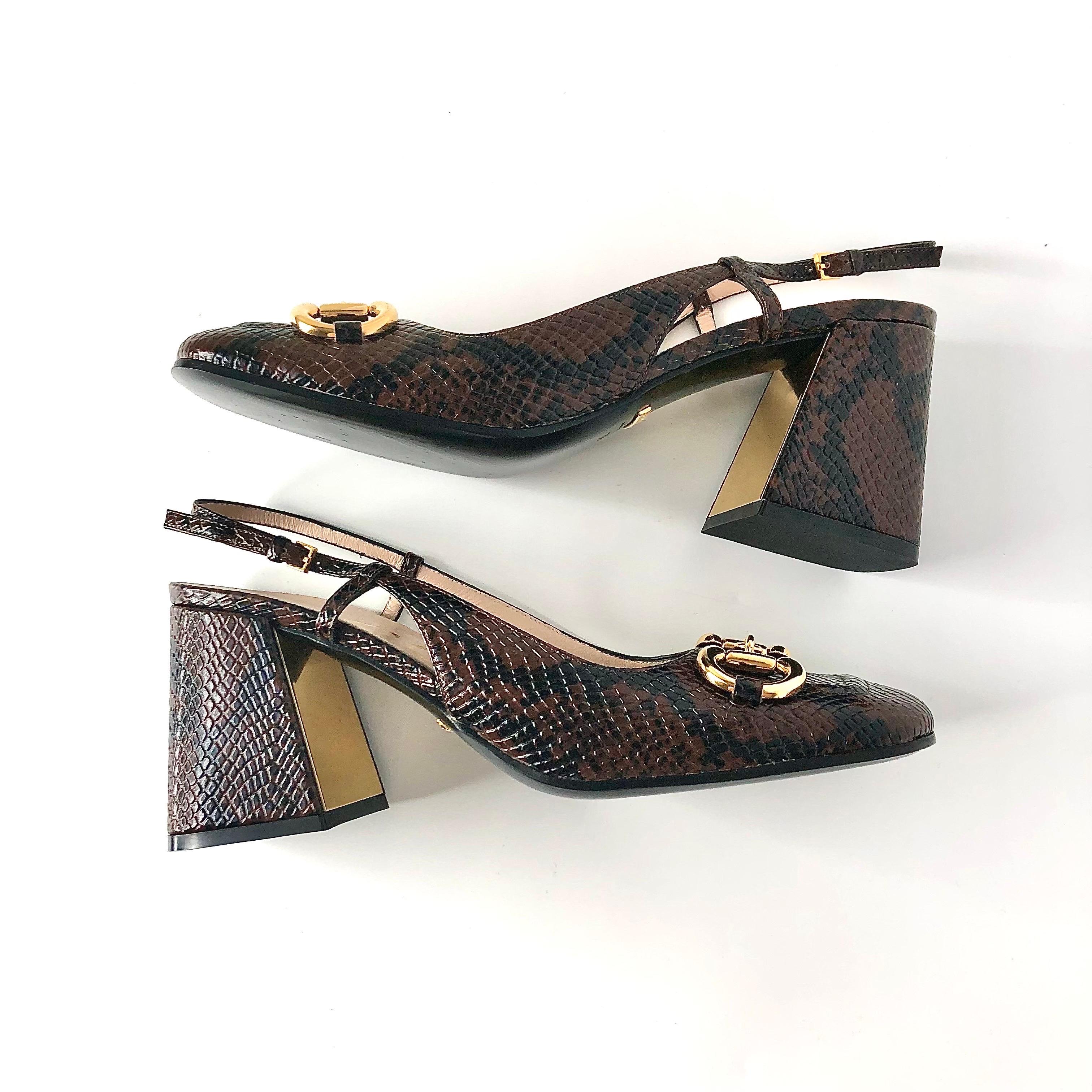 Donna Gucci Baby Horsebit Snake Emboss Slingback Platform Heel Pumps 39 in vendita