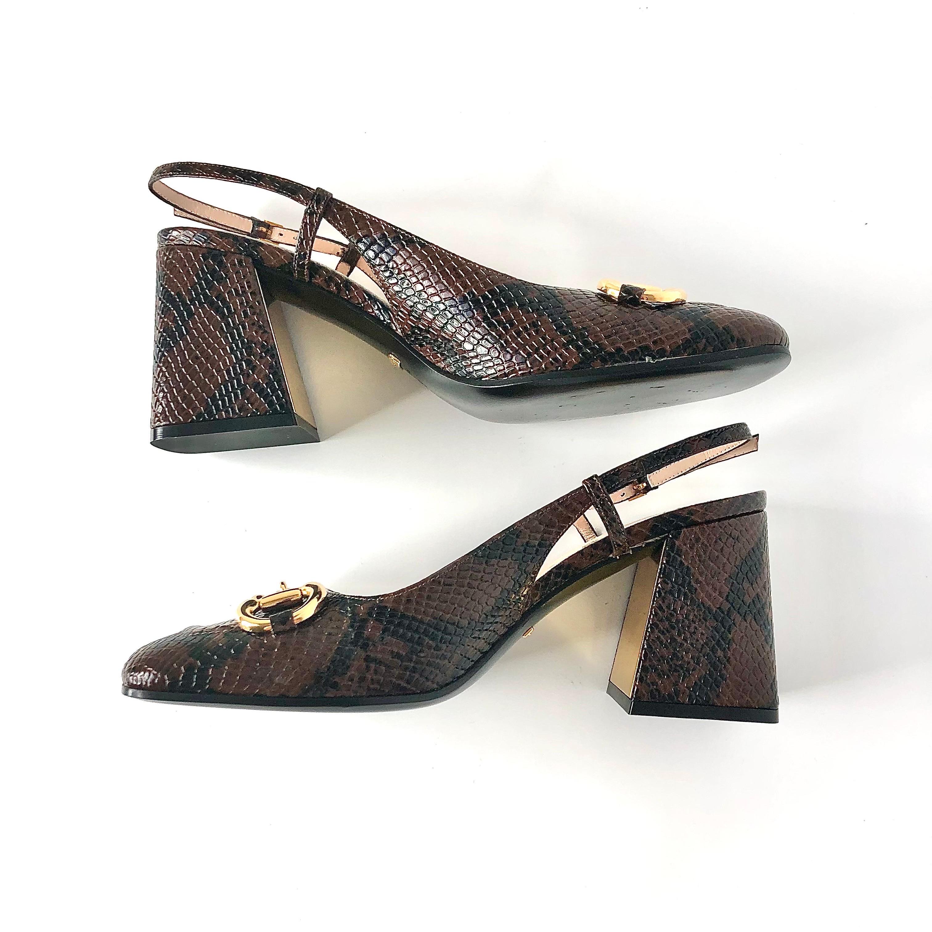 Gucci Baby Horsebit Snake Emboss Slingback Platform Heel Pumps 39 in vendita 1