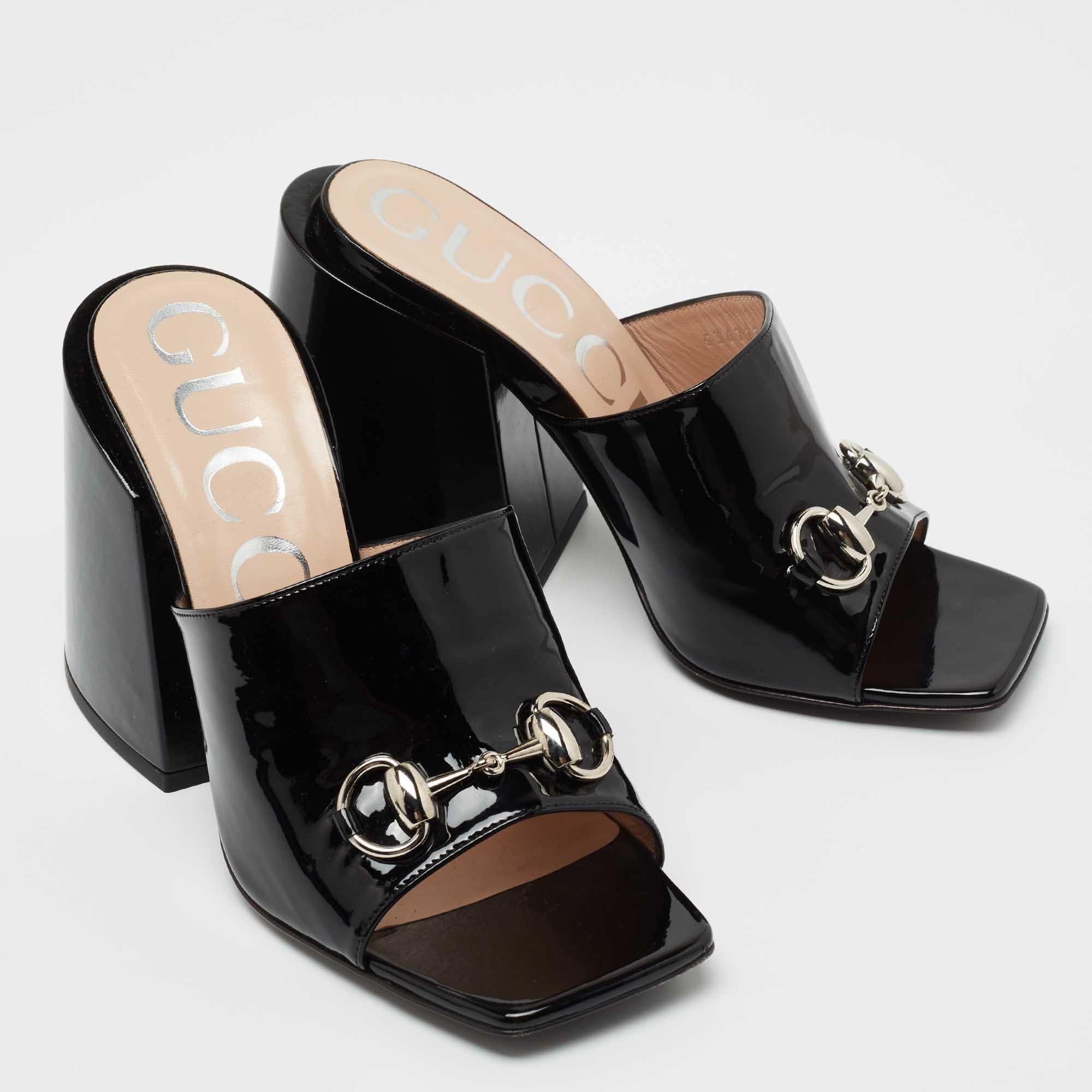 Women's Gucci Back Patent Lexi Horsebit Accent Slide Sandals Size 38 For Sale