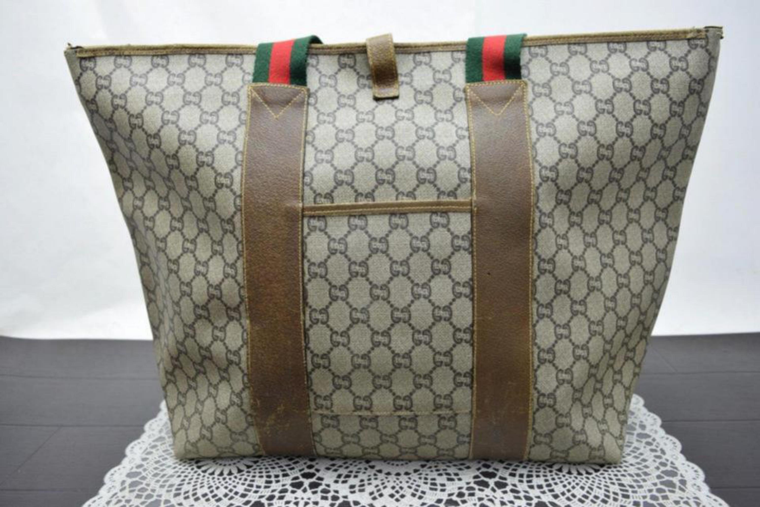 Gucci Bag Supreme Sherry Monogram Web Large Zip 868611 Brown Coated Canvas Tote In Fair Condition For Sale In Forest Hills, NY
