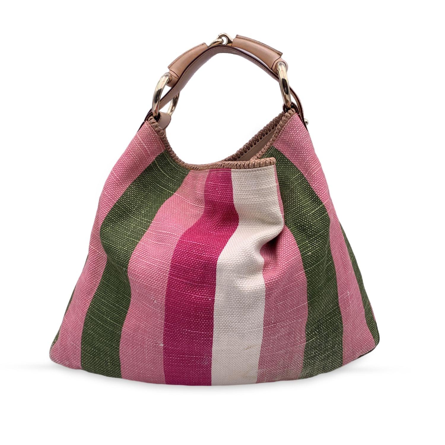 Gucci Baiadera Striped Pink Canvas Large Horsebit Hobo Tote Bag In Good Condition In Rome, Rome