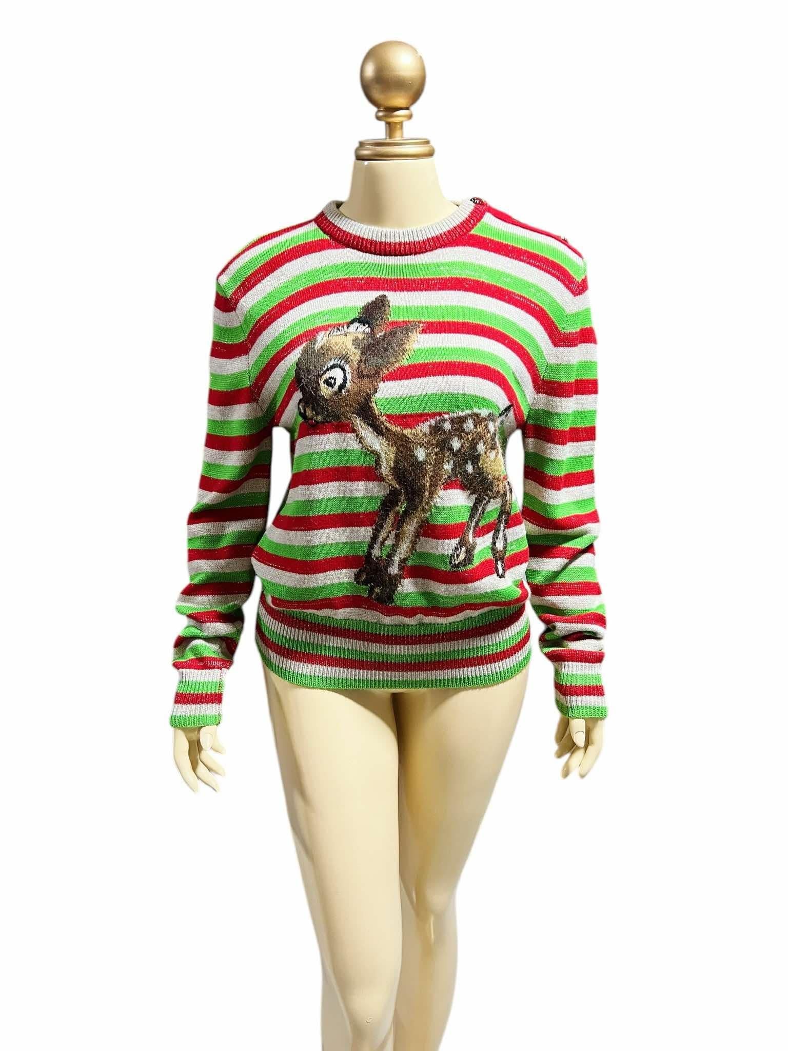 Special edition collectible item! features whimsical designs that evoke childhood memories. This striped sweater showcases an intarsia fawn on the front, accented with specks of gold lurex. 

The enamel ladybug🐞 buttons add a playful touch that