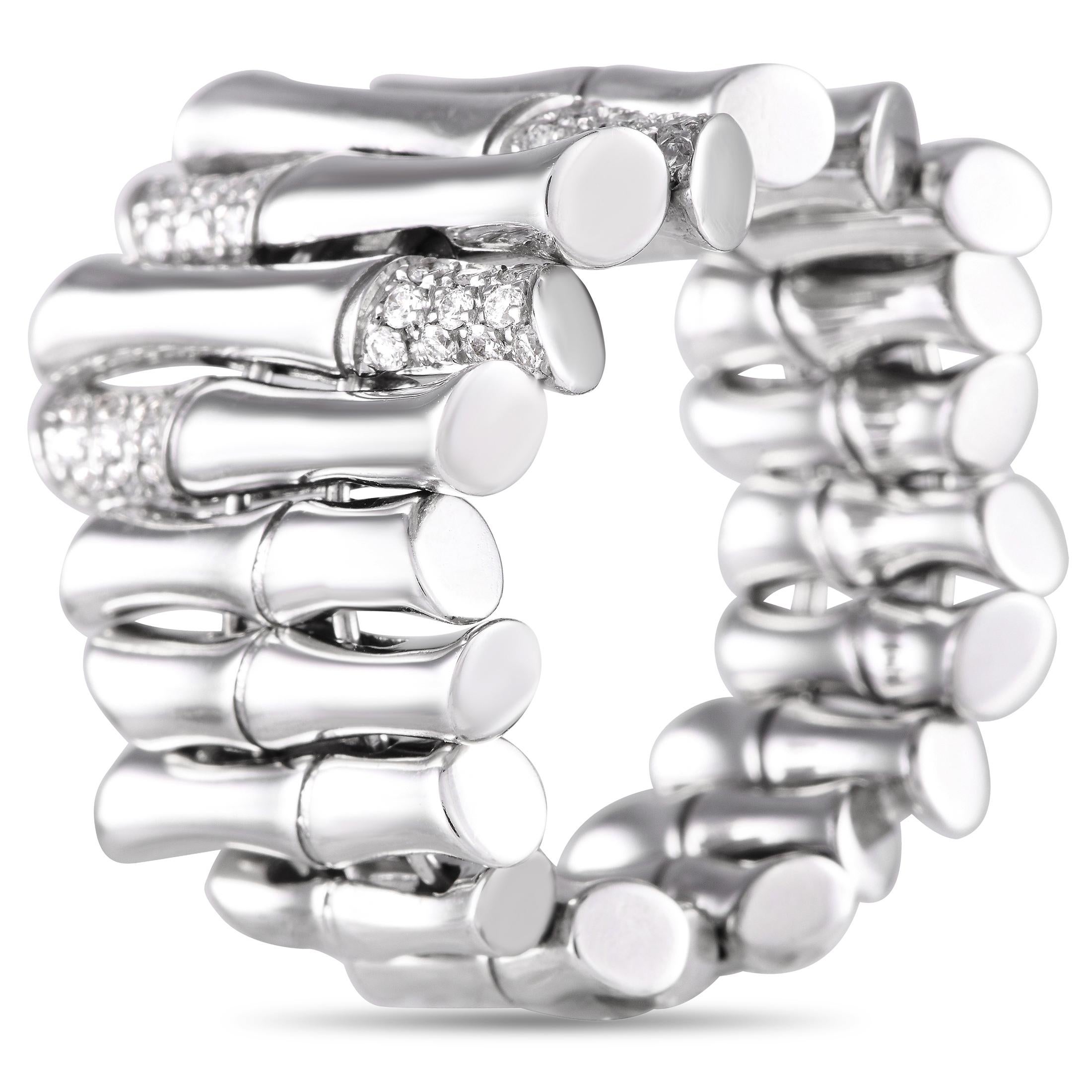 The beauty of nature is perfectly captured on this exquisite Gucci ring. Shimmering 18K White Gold links meant to resemble bamboo shoots make up the entirety of this band ring. Diamond accents totaling 0.40 carats provide a subtle sparkle. This