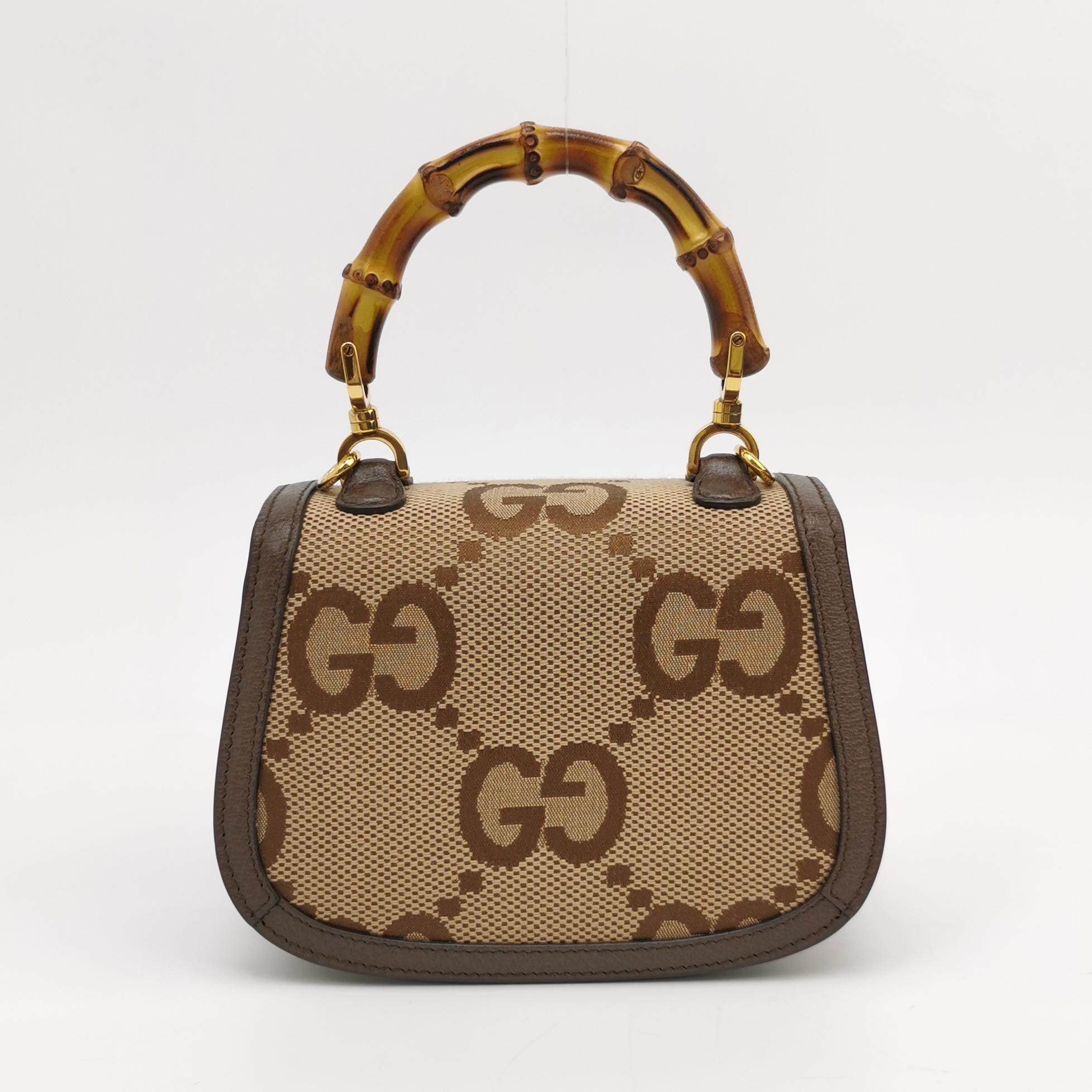 Marron Gucci Bamboo 1947 Mini sac à bandoulière en cuir et toile marron en vente