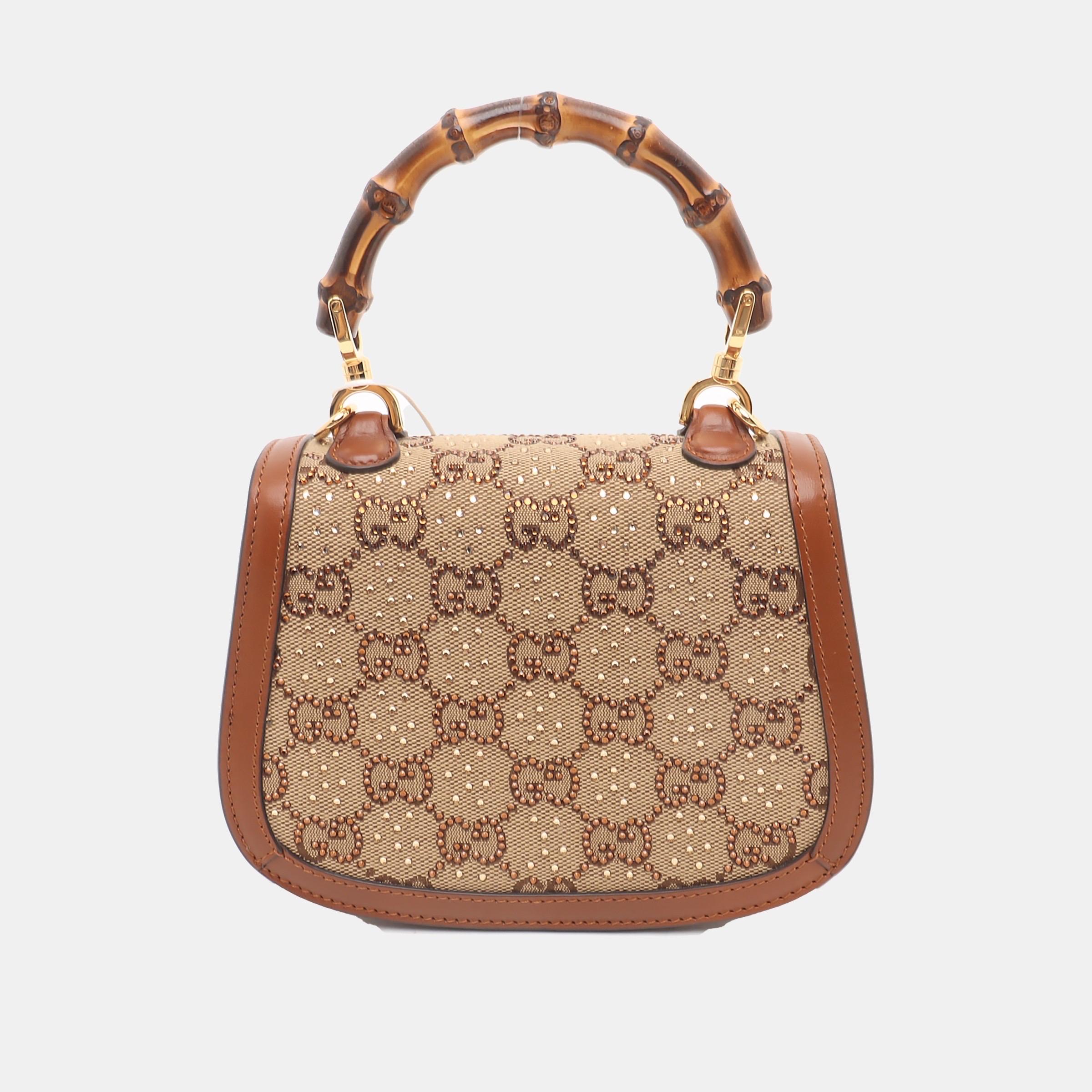 Bolso Crossbody Gucci Bamboo 1947 Mini de piel y lona marrón con purpurina Marrón