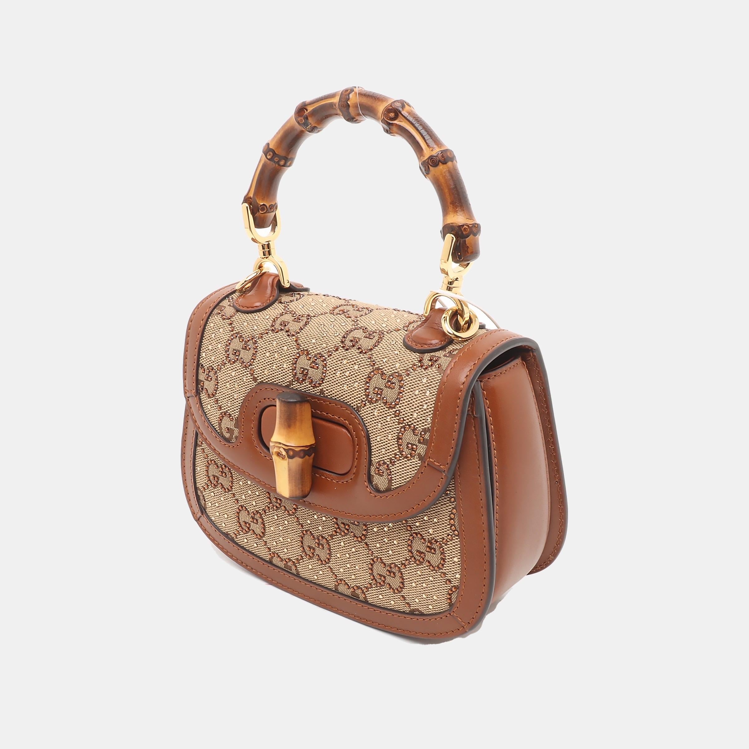 Bolso Crossbody Gucci Bamboo 1947 Mini de piel y lona marrón con purpurina en Excelente Estado en AUBERVILLIERS, FR