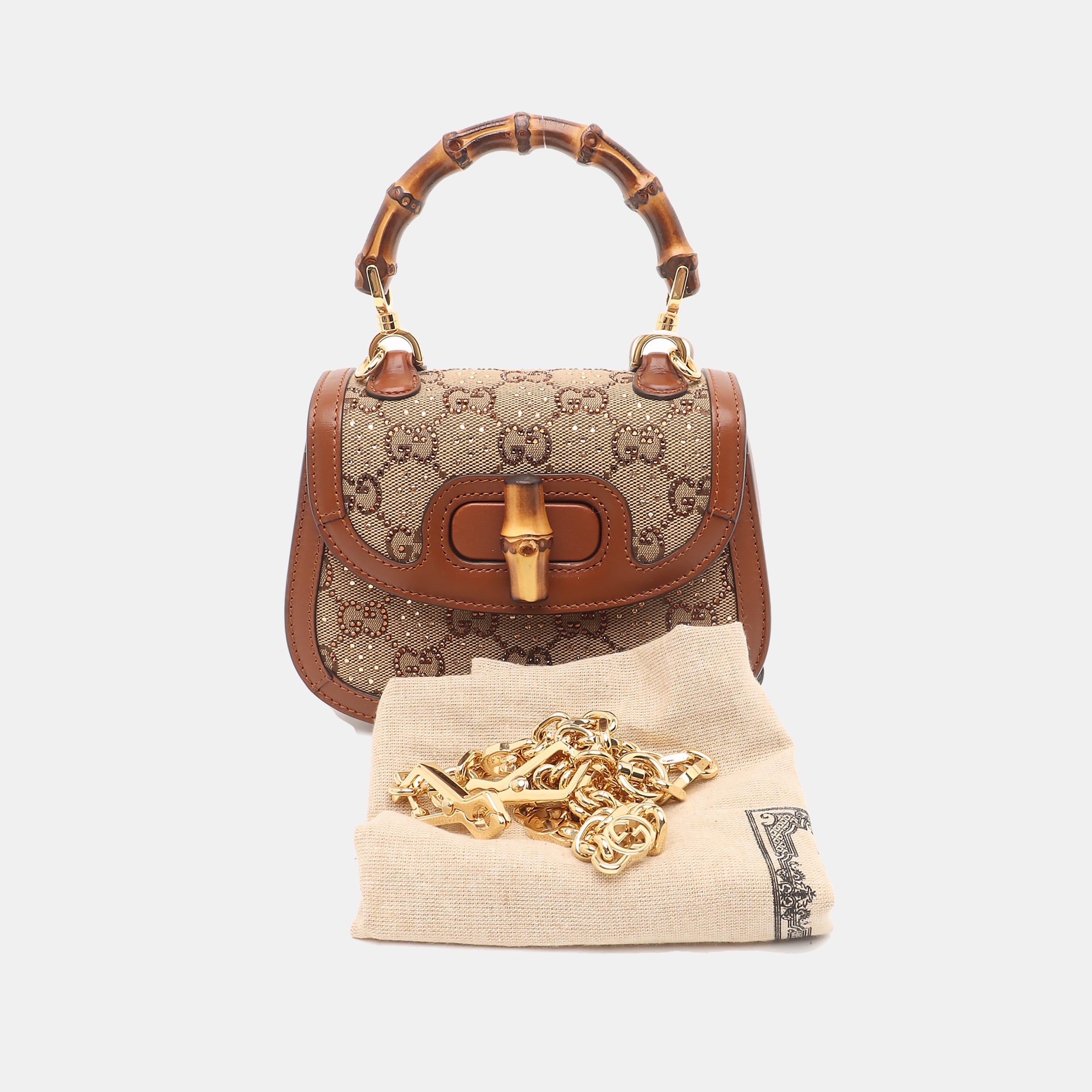 Bolso Crossbody Gucci Bamboo 1947 Mini de piel y lona marrón con purpurina 4